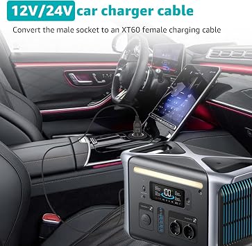 Anker SOLIX車用充電ケーブル Anker C1000カーチャージャー対応 | Anker SOLIX F1200 / F1500 / F2000 / F2600 / C300 / C800 / C800 ポータブル電源ステーション用 12V/24V XT60 車用充電ケーブル