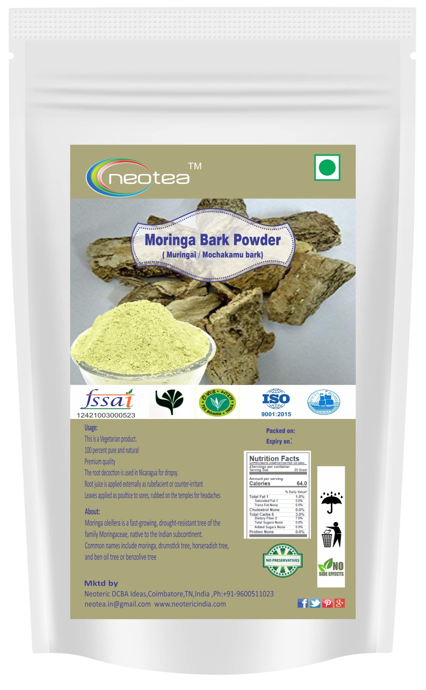 Neotea Drumstick Moringa Bark Powder | Sargava Chhal Powder | Murungai Pattai Powder | Natural Herbal Remedy from Drumstick Bark | Moringa Nugge Mara Bark for Skin, Hair, and Wellness | 100% Pure & Chemical-Free 1 KG