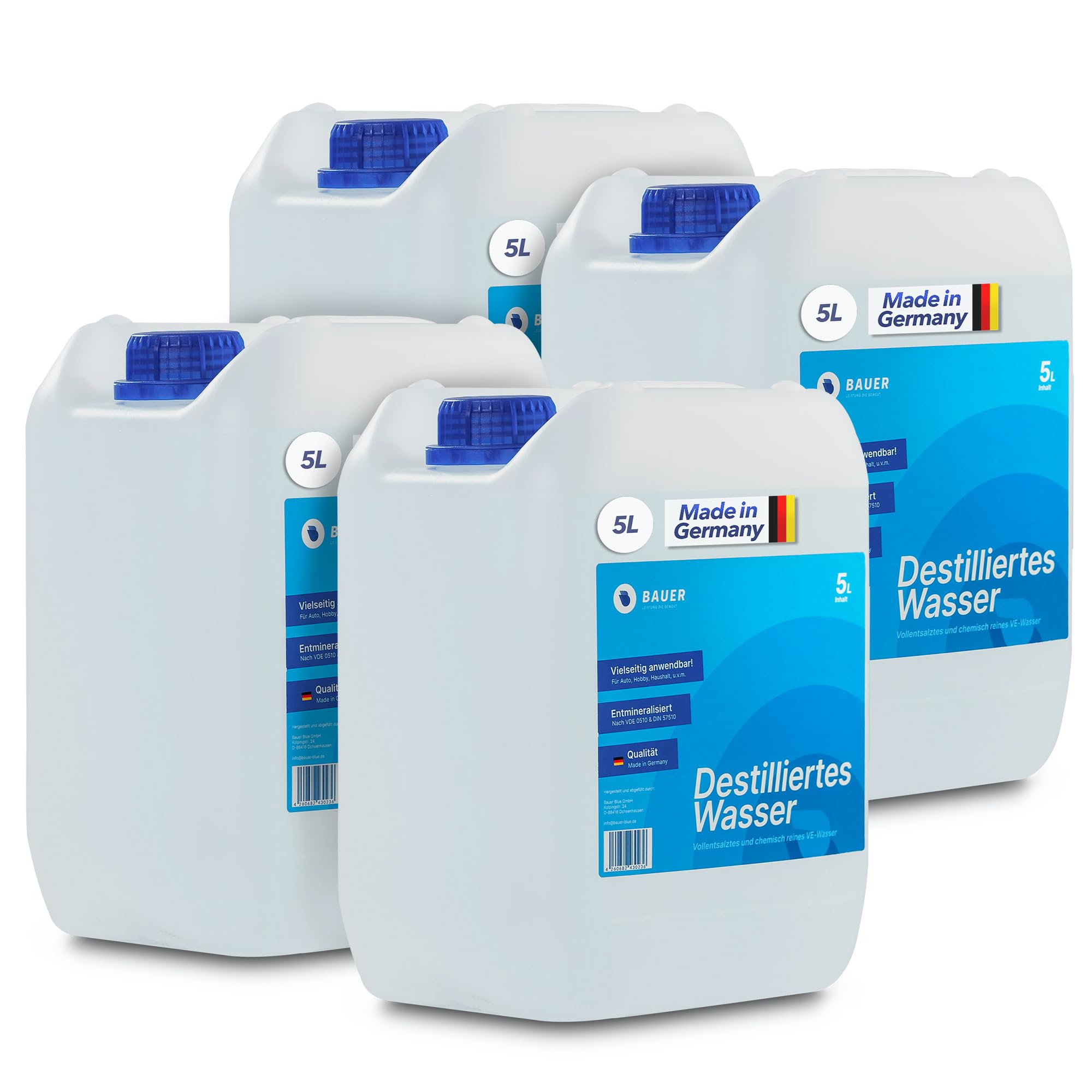 Destilliertes Wasser, Demineralisiert nach VDE 0510 & DIN57510, Ultra-Hochrein für Industrie und Haushalt, Vollentsalzt und Entmineralisiert, Made in Germany, TÜV-Geprüft, [4x5 Liter]