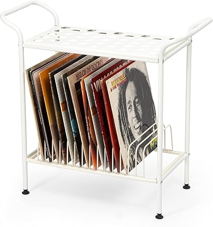 INDIDECOR 25035 Record Player Stand with Vinyl Record Storage, Gold Metal Table with Shelves for Records, 2-Tier Record Storage, Vinyl Record Holder, Record Player Table White