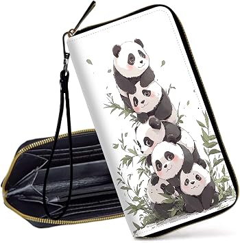 RFID Blocking Wristlet Wallet for Women Slim PU Leather Zipper Clutch, Cute Credit Card Holder Purse with Wrist Strap for Ladies,Cute Pandas-1210