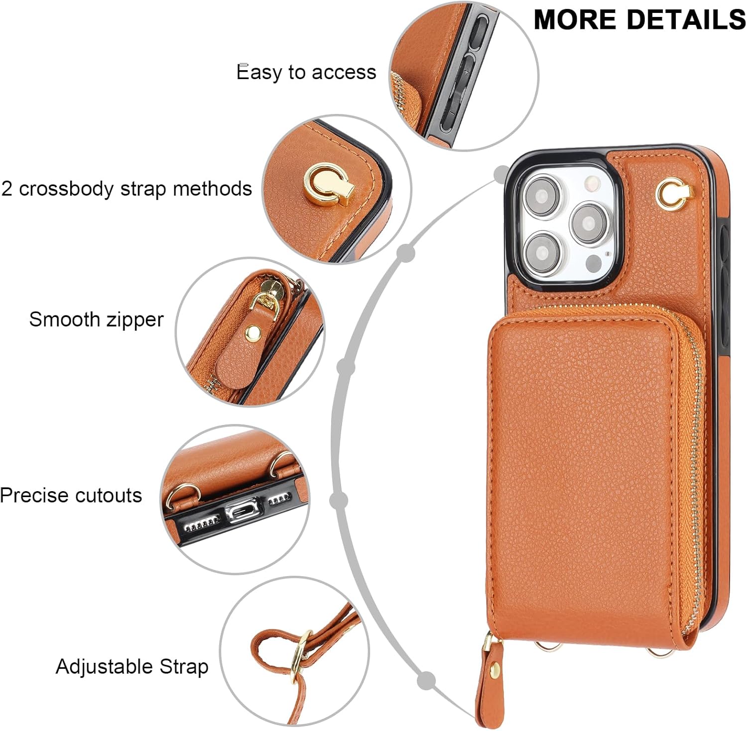 KIHUWEY Crossbody Wallet Case for iPhone 15 Pro Max, Zipper Pocket Case with Card Holder, PU Leather RFID Blocking Protective Cover with Kickstand and Detachable Wrist Strap Lanyard, 6.7" (Brown)