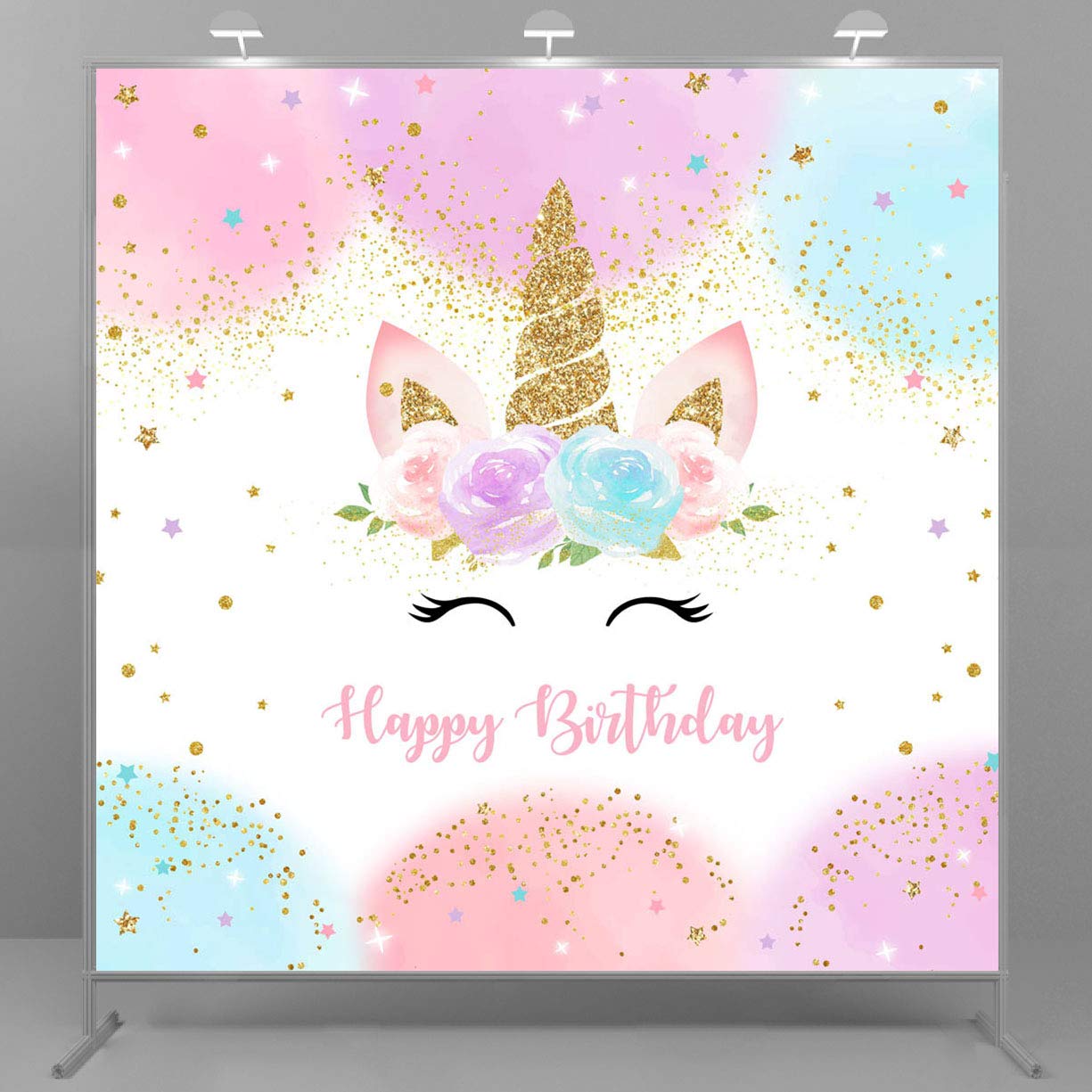 Mocsicka Decorazioni per feste di buon compleanno per ragazze acquerello floreale glitter stelle pois UnicornCake banner da tavolo forniture per studio puntelli (2,4 x 2,4 m)