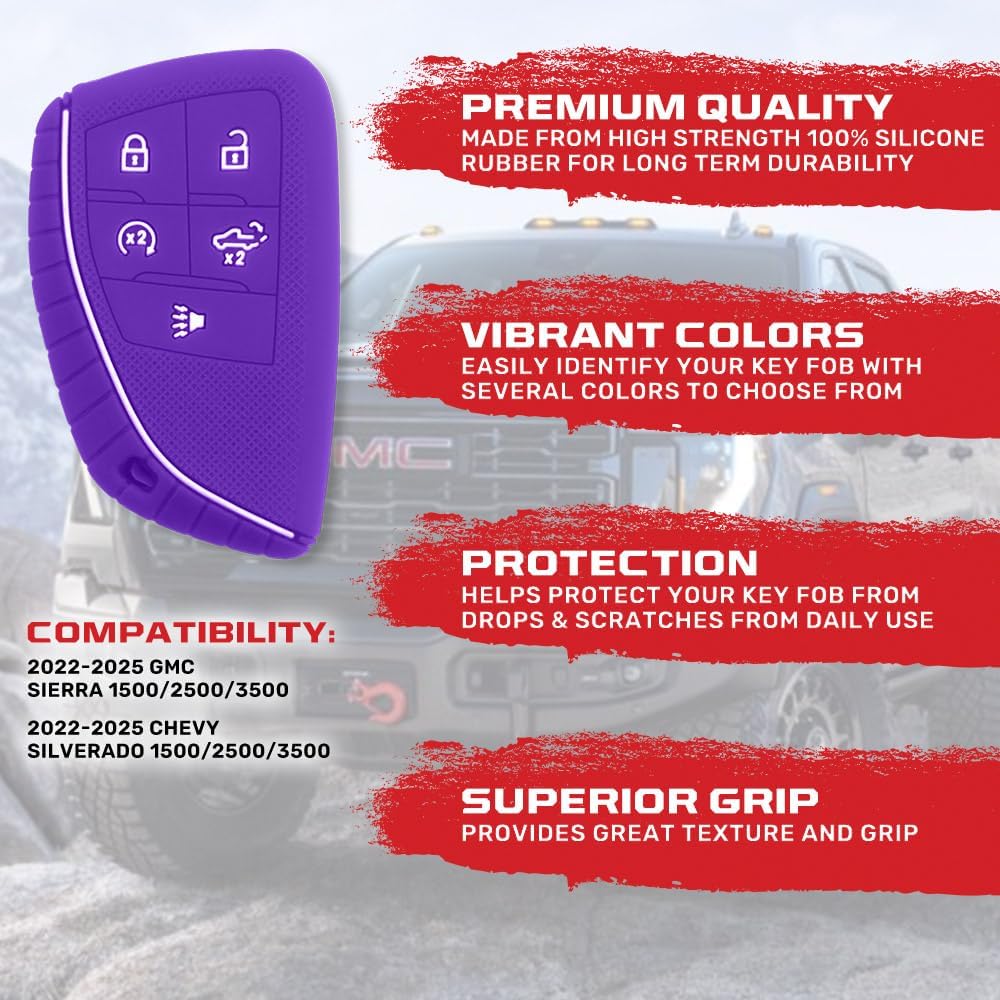 RECON Fits 22-25 GMC Sierra 1500, 2500, 3500 & 22-25 Chevy Silverado 1500, 2500, 3500 100% Silicone Rubber Rugged Key Fob Protection Cover Premium Quality 5 Button (Purple)