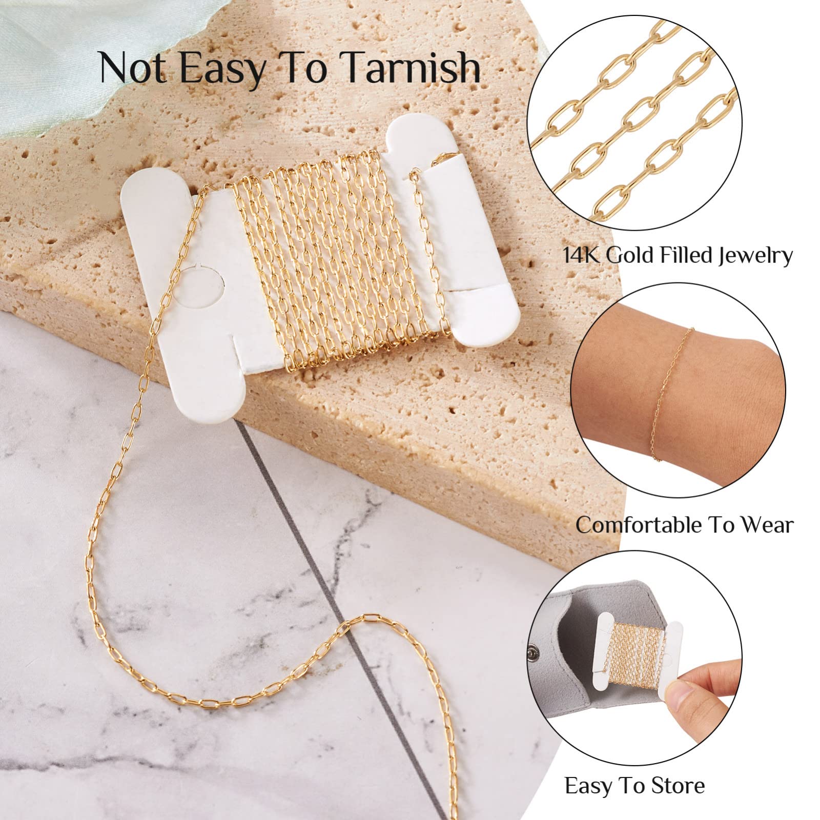 Craftdady Catene riempite in oro da 14 K, catena permanente per gioielli in ottone, catena a clip da 2,5 x 1 mm, con sacchetti di velluto, per gioielli e collane e braccialetti