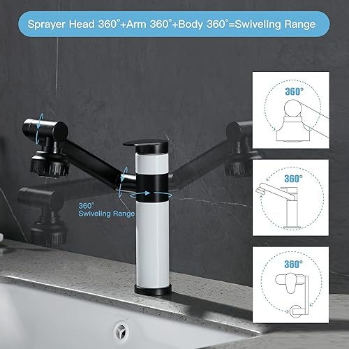 Miniatura 2 de Grifo de baño de gran ángulo de 1080 blanco y negro 360 rotación 1 mango de pulverizador extensor de boquilla universal filtro de salpicaduras 2