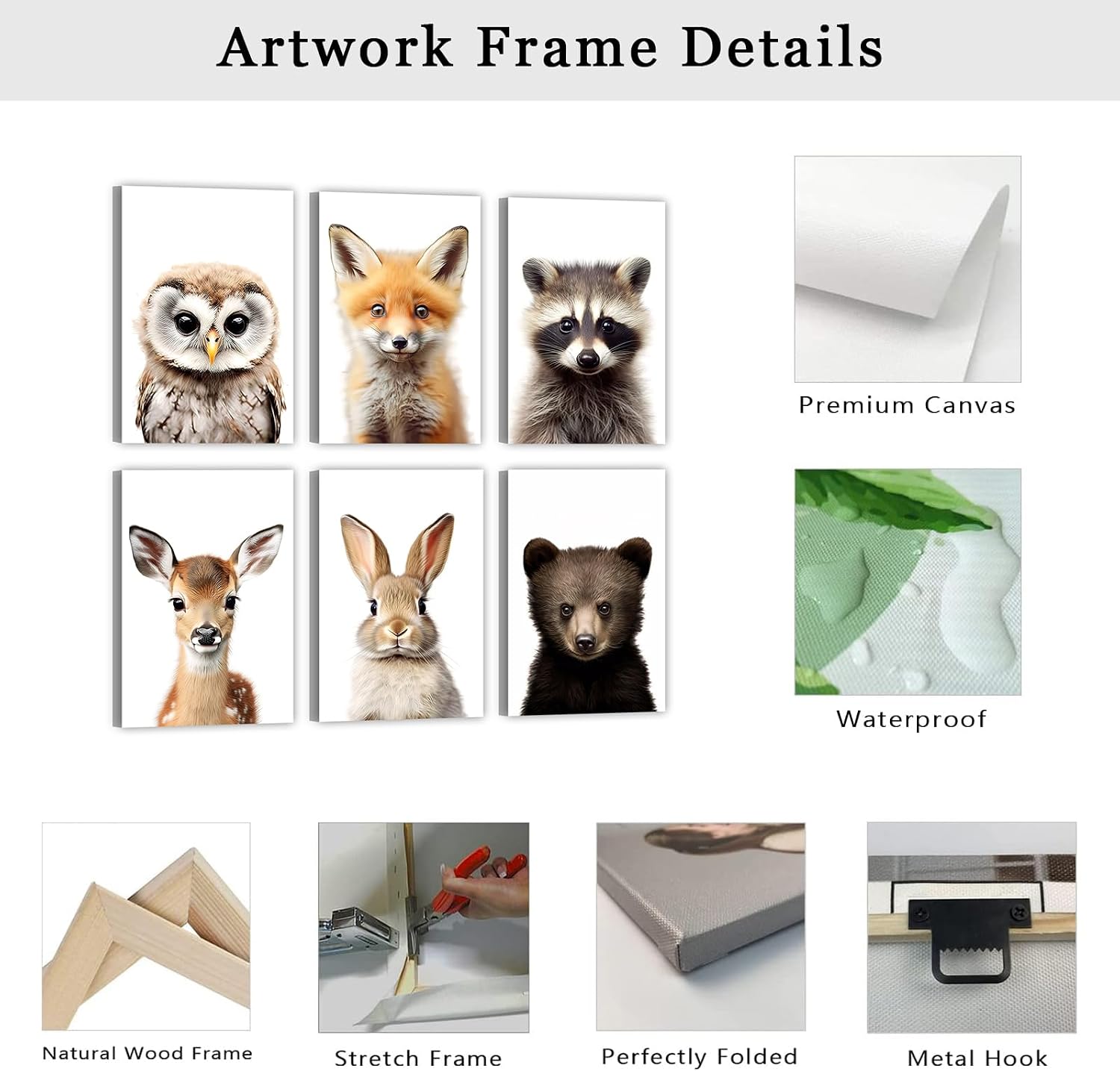 LZIMU Baby Safari Animals Nursery Wall Art 6 Pieces Cute Owl Fox Raccoon Deer Rabbit Bear Poster Woodland Canvas Prints Kids Room Decor (Frame (Ready to Hang), 8.00"x12.00"x6)