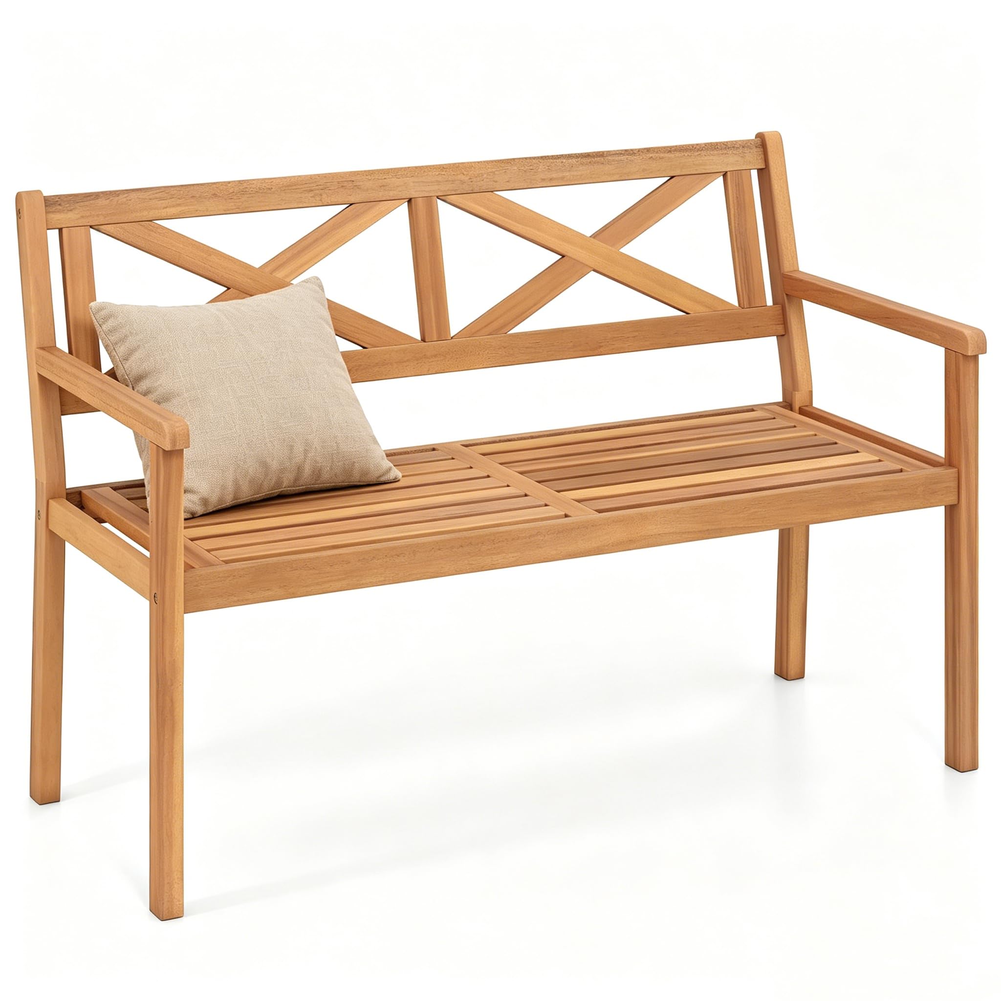 SFAREST 2 Seater Garden Bench, Outdoor Acacia Wood Loveseat, Patio Leisure Armchair Seat for Balcony Porch Poolside Backyard, 360kg Max Load (Double X-Shaped Backrest)