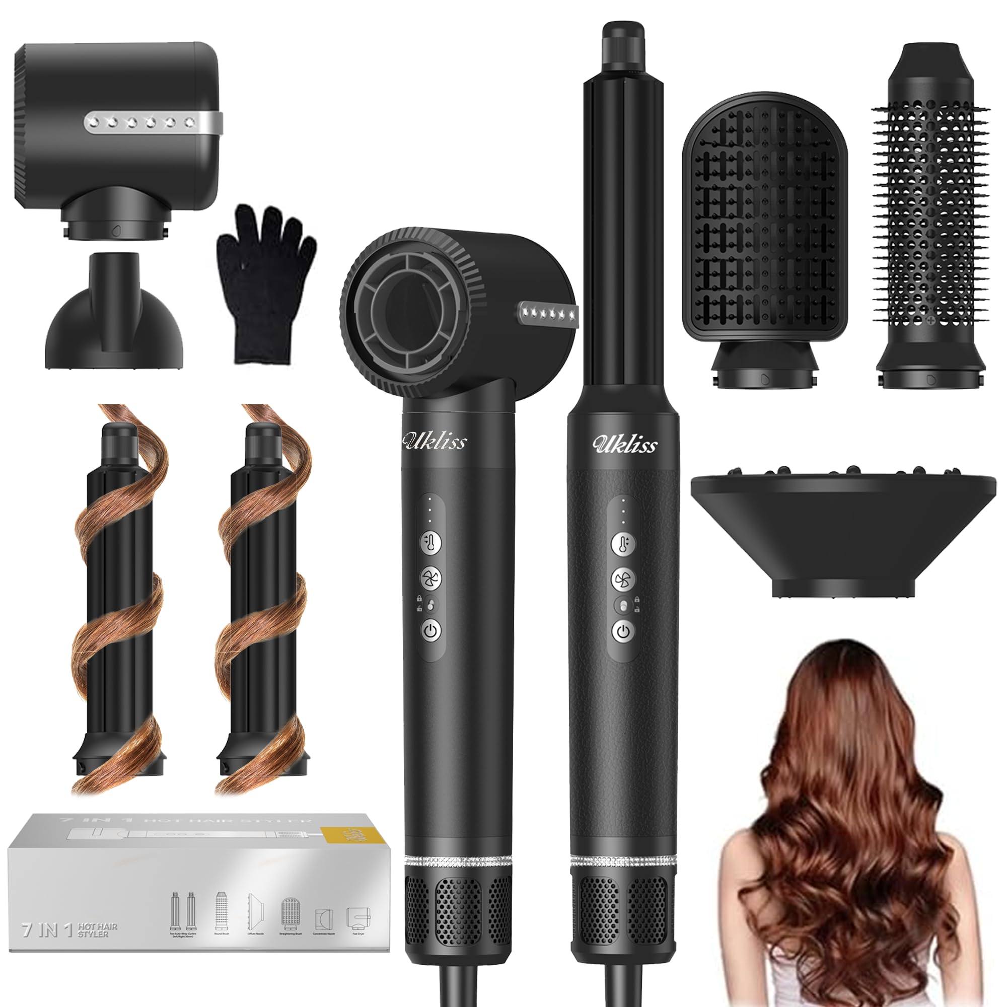 Secador Pelo 7 in 1 Pro, UKLISS Airstyler & Moldeador de Pelo con Hair Dryer, Rizador Pelo Automatico, Cepillo Secador de Pelo, Thermal Brush, Cepillo Alisador Pelo, Regalos para Mujeres Styling