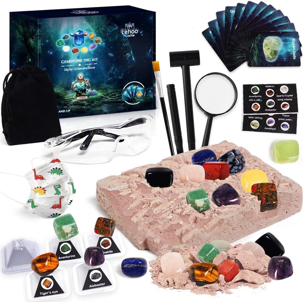 Lehoo Castle Gemstone Dig Kit, Dig up 12 Real Gems & Crystals for Kids, Science Geology Educational Excavation Kit Toys, Gift for 3-9 Boys Girls, Gems, Stones, Crystals & Rocks