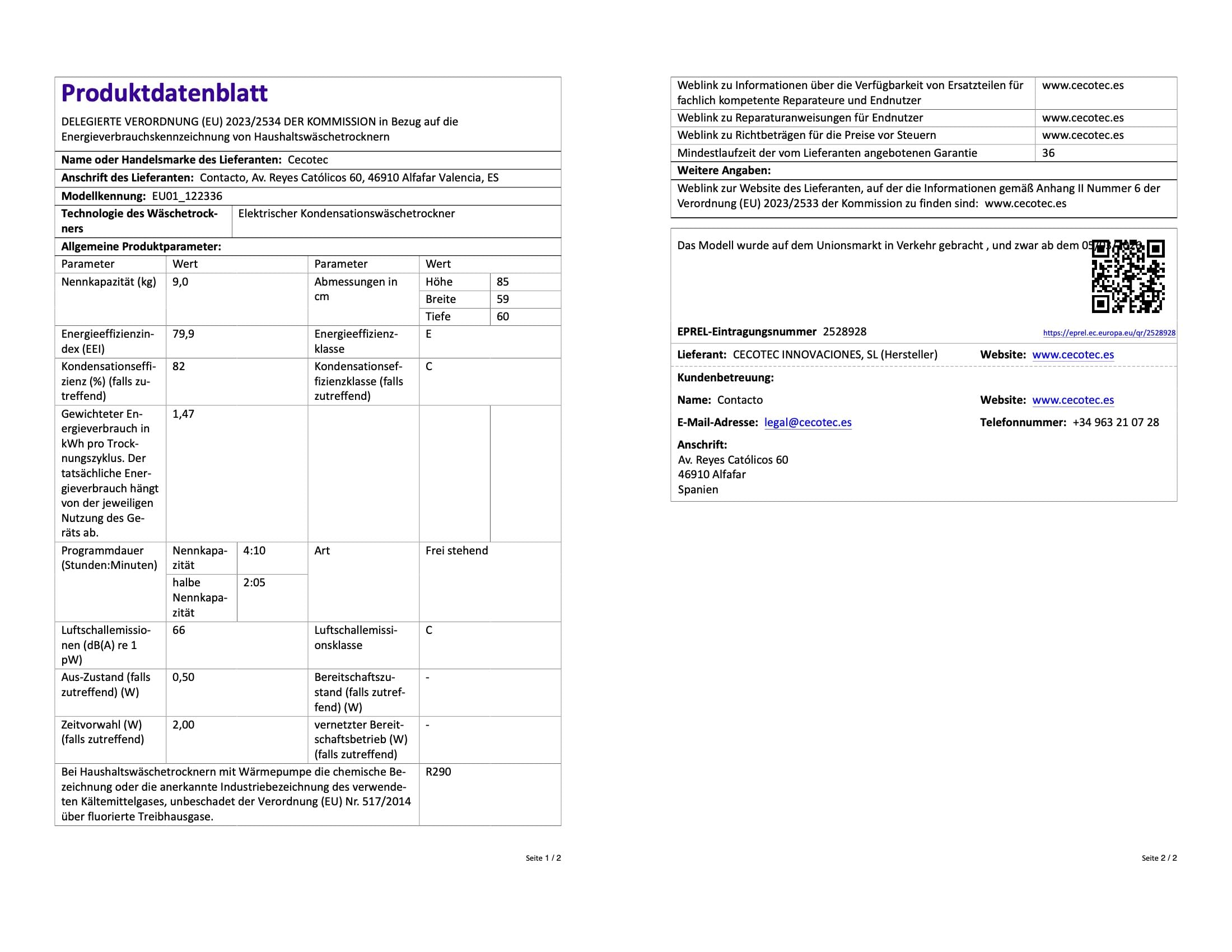 Cecotec Wärmepumpentrockner Bolero DressCode Dry 9180 Steel, 9 kg, Energieklasse E, 15 Programme, Sensor-Autotrocknung, SpaCare Dampf, Anti-Knitter, 4 Trockenstufen, Delay Start, Stop&Go