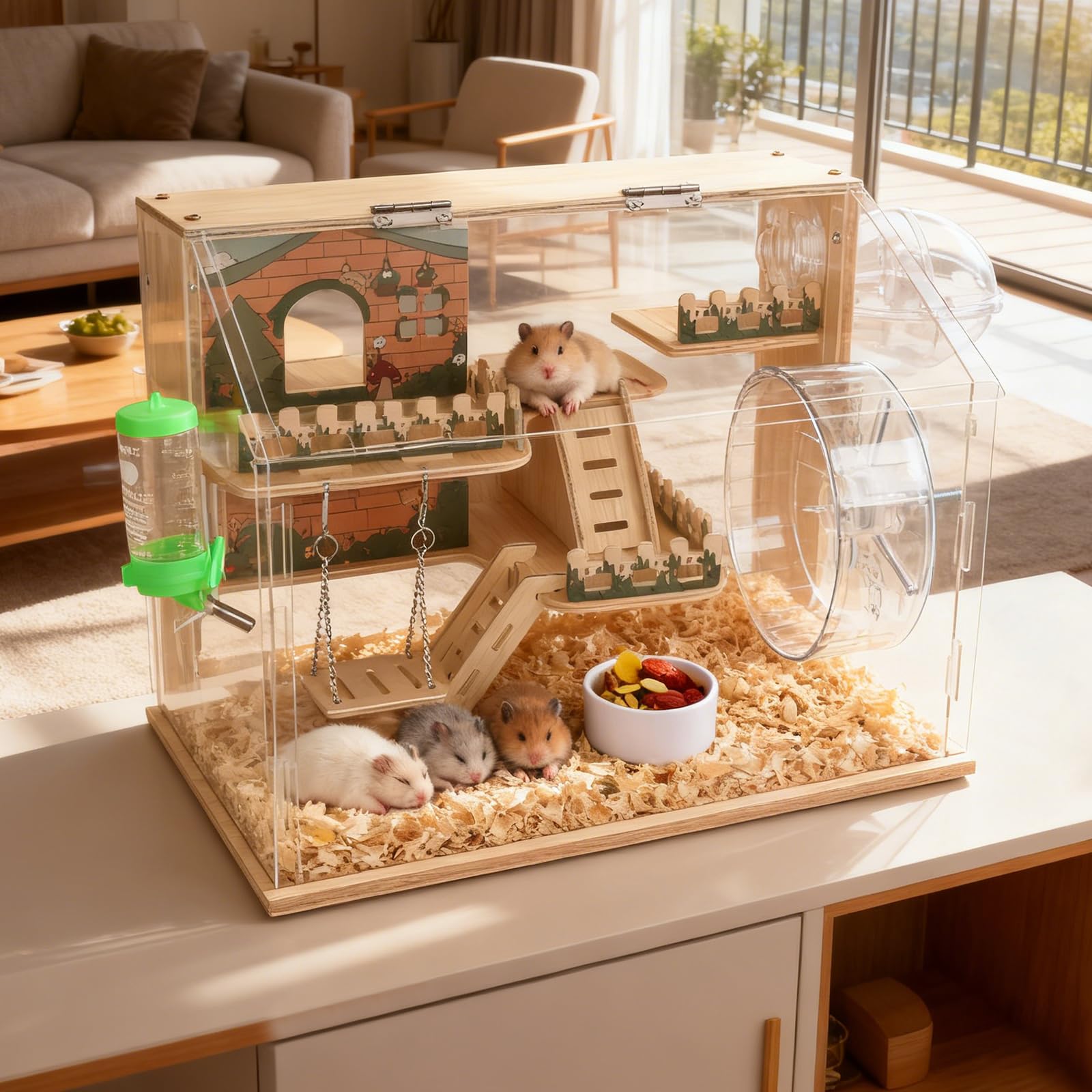 Jaula de Madera para Hámster, para Animales Pequeños Jerbos, Ratas | Hábitat para Hámster con Vista de 270°, con Paneles Acrílicos Fácilmente, Una Jaula Para Hámster Bien Ventilada
