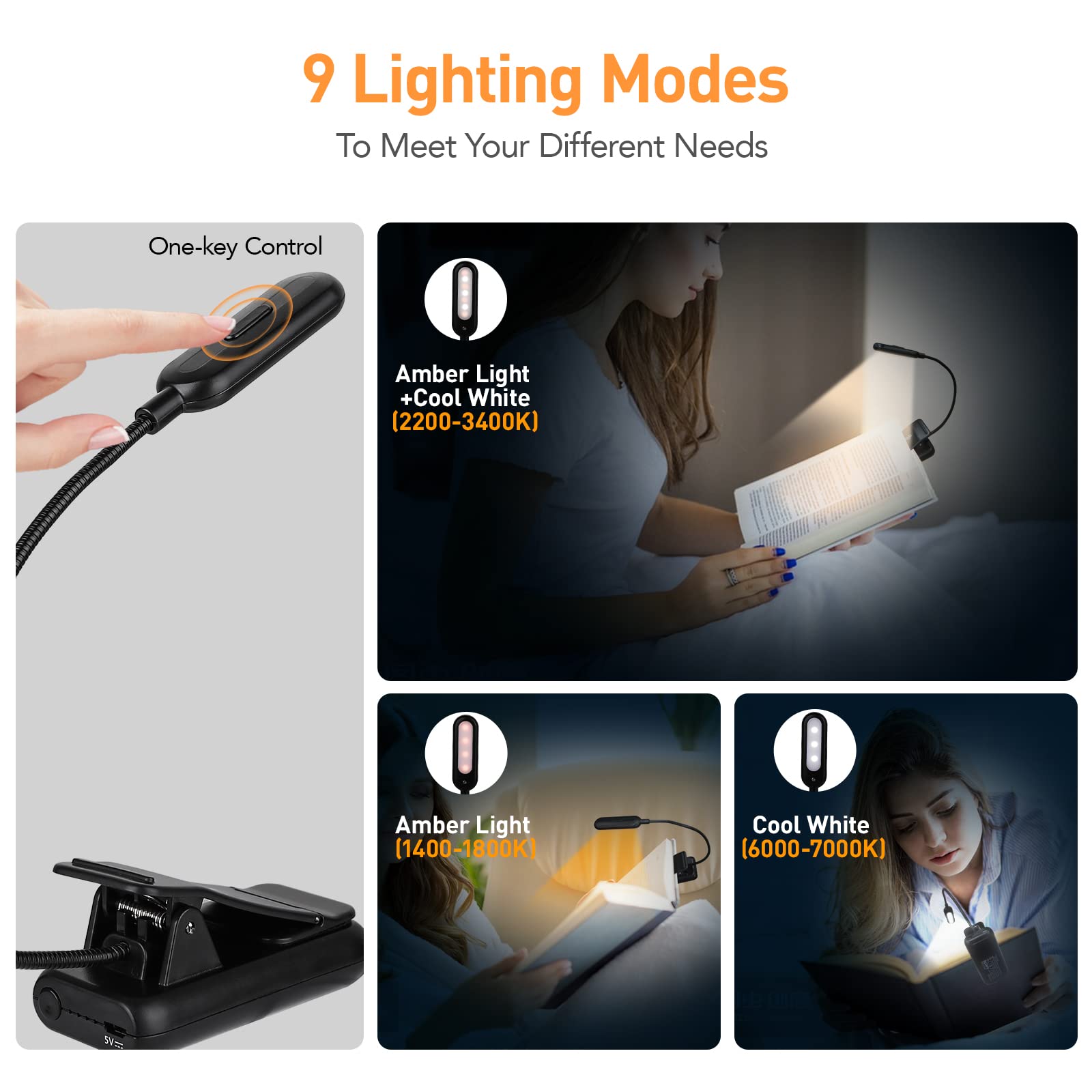 VAVOFO Luz de lectura recargable ámbar, luz de libro con bloqueo de luz azul, 7 LED para el cuidado de los ojos, 9 colores, 9 brillo, clip para niños, gusanos de biblioteca, lectura en la cama con