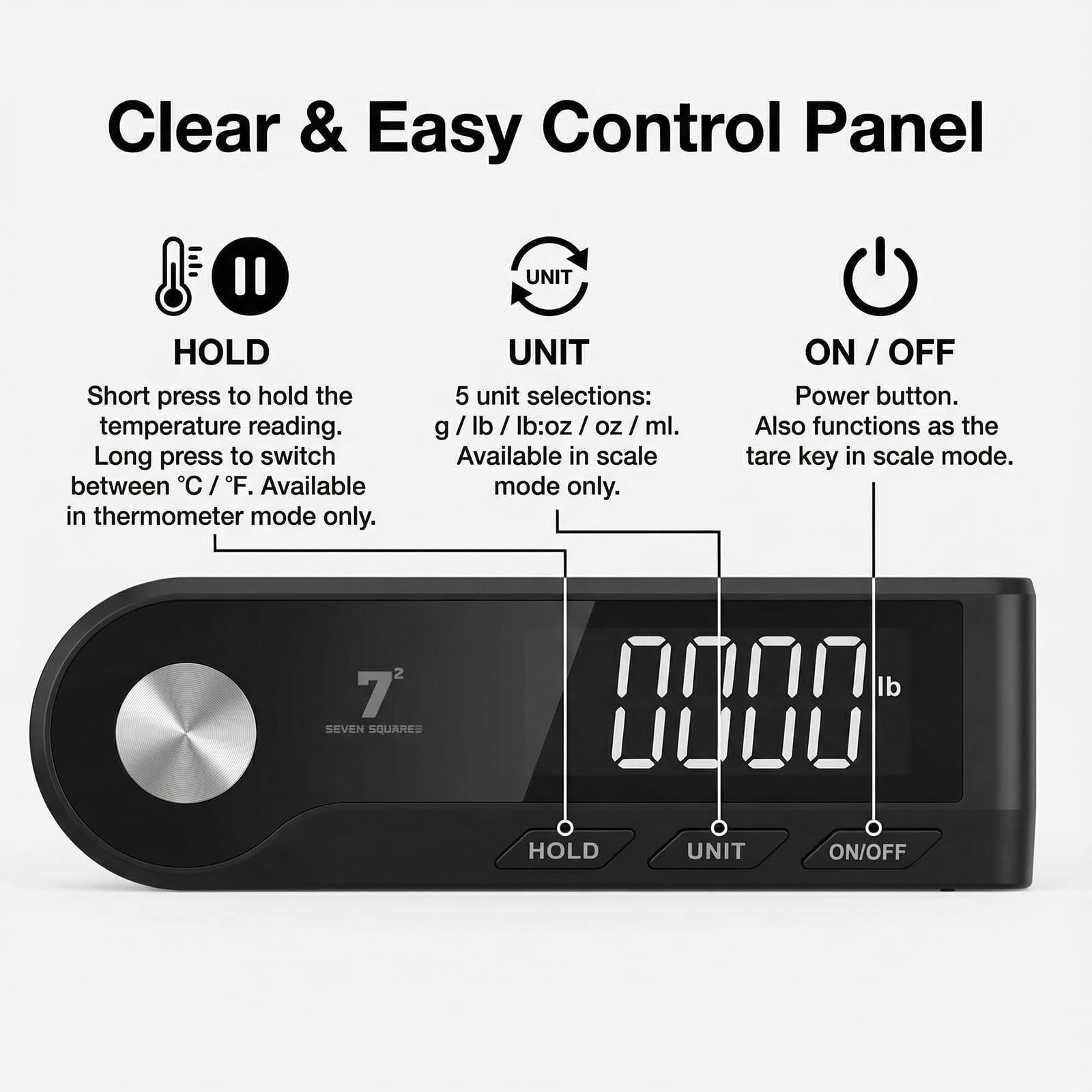 Digitale Küchenwaage mit zwei Funktionen, abnehmbarer LED-Anzeige und integriertem Thermometer, 5 kg, hochpräzise 0,1 g, Edelstahl-Lebensmittelwaage zum Kochen und Backen, Tara-Funktion, 5 Einheiten