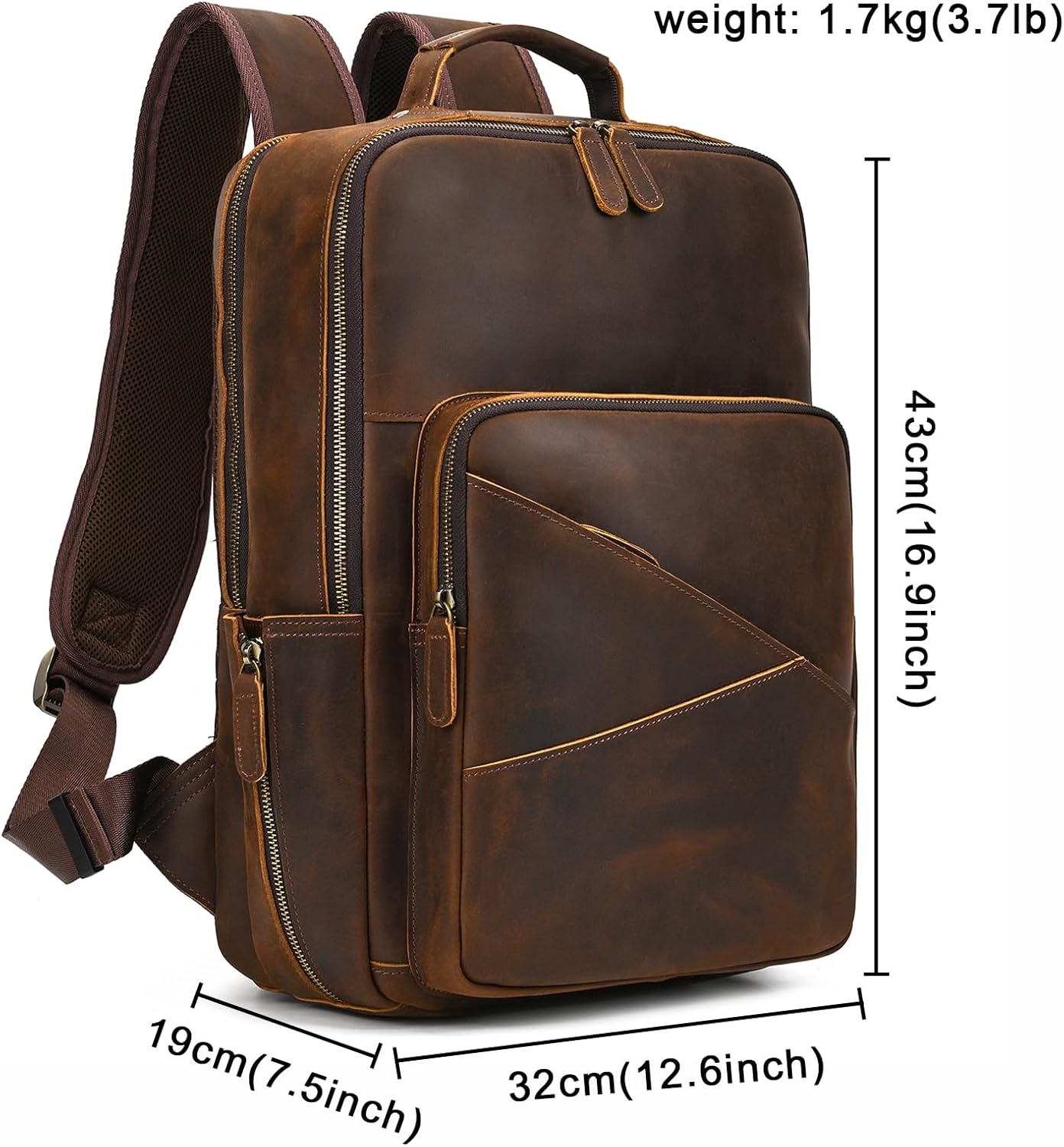 Vintage Full Grain Leather Backpack for Men, 16" Laptop Rucksack For Men Hiking Trave Work Business Bag, Brown