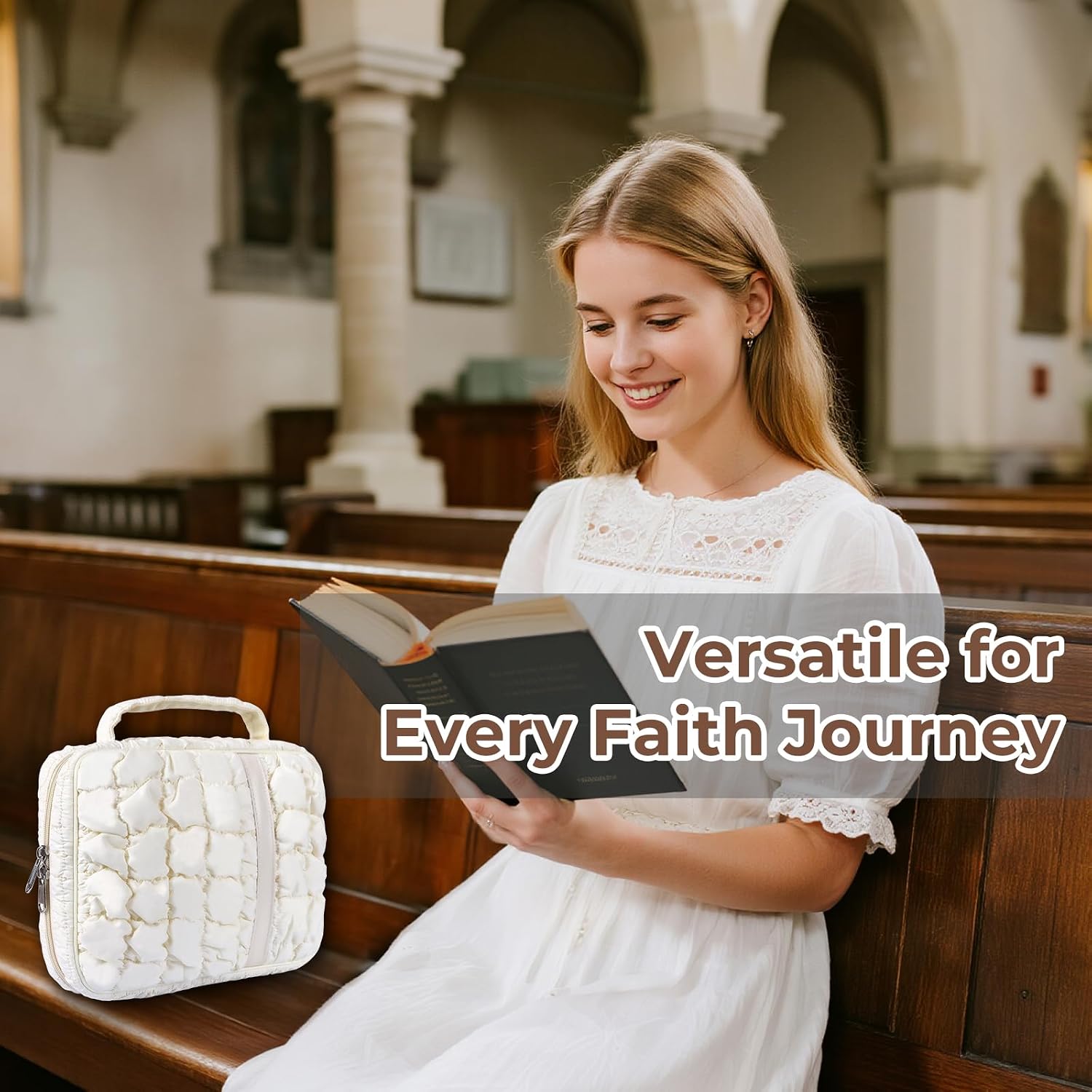 Puffy Bible Cover Case for Women, Lightweight Bible Bag Soft Waterpoof Carrying Case Book Cover for Bible Study Church Travel,Christmas Christian Gift for Women (Beige, M)