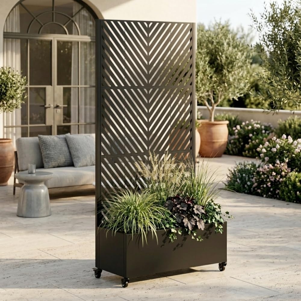 73" Metal Planter Box with Trellis, Raised Garden Bed with Wheels & Privacy Screen for Climbing Plants, Patio (Style C,Medium)