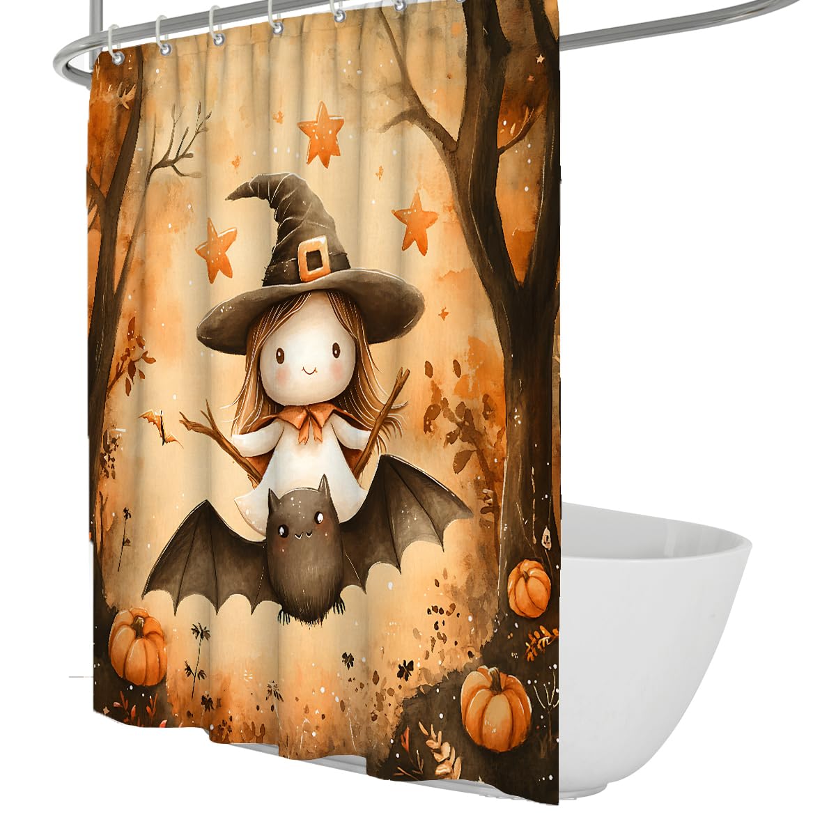 UIRINGART Cute Autumn Halloween Witch Shower Curtain W120xL180cm Bat Pumpkin Pattern Anti Mould Water Repellent Bathtub Screens with Hooks