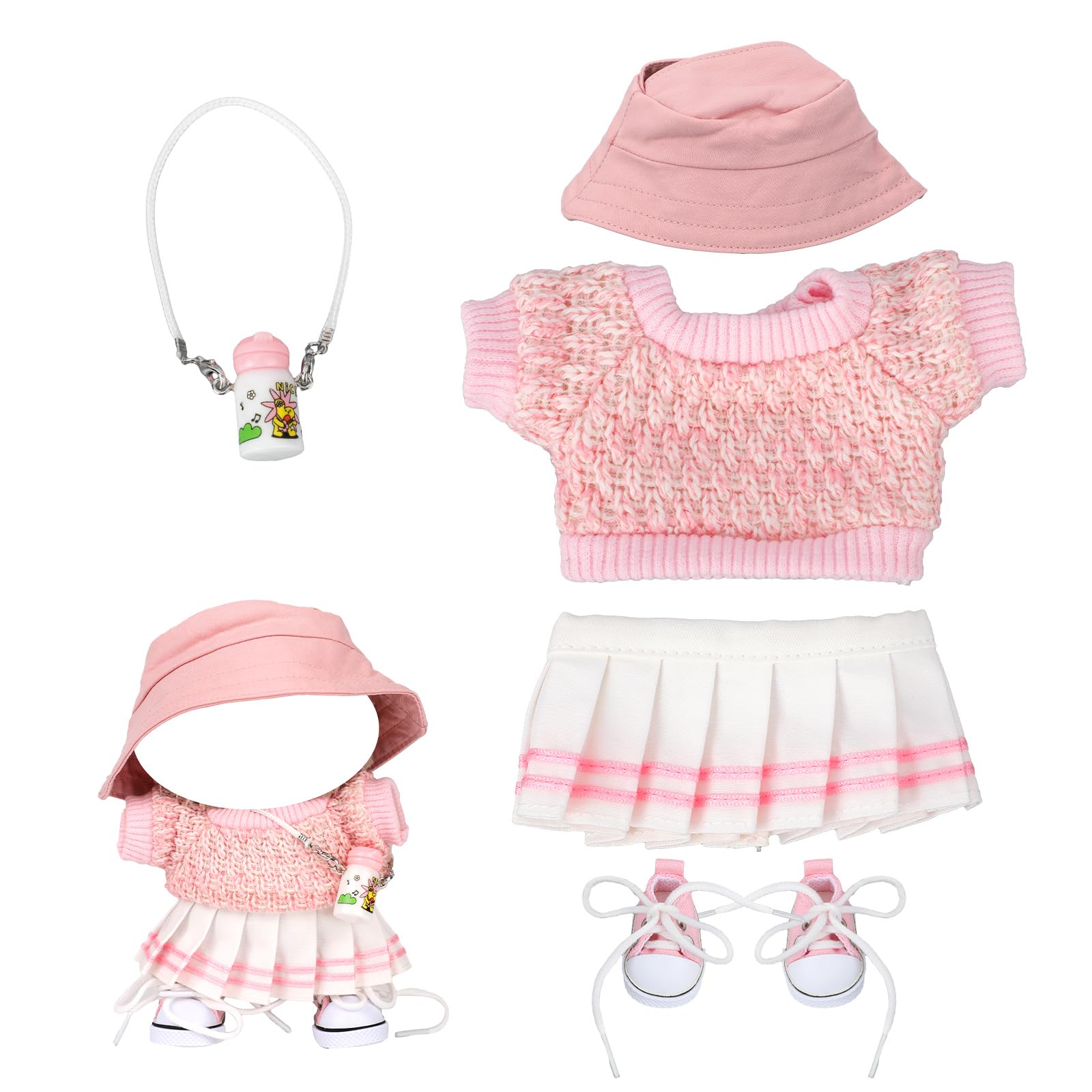 Fukaisu Plush Doll Clothes Set, 5-Piece Cute Pink Clothing Include Sweater, Skirt, Hat, Water Bottle and Canvas Shoes