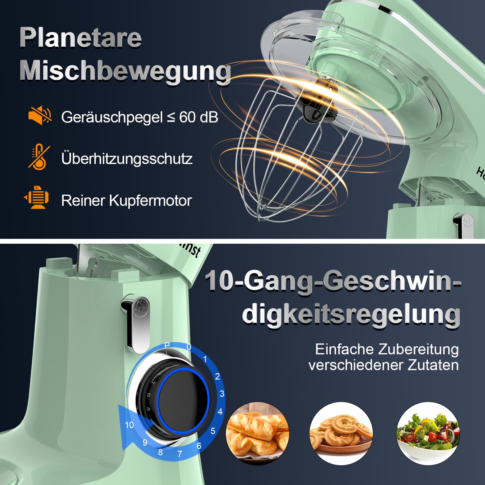Honinst Küchenmaschine Knetmaschine, 10 P Stufen Teigknetmaschine, 1400W Teigmaschine, Rührmaschine mit 6.5L EdelstahlschüSsel, Schneebesen, Knethaken, Rührbesen & Spritzschutz zum Backen, Grün