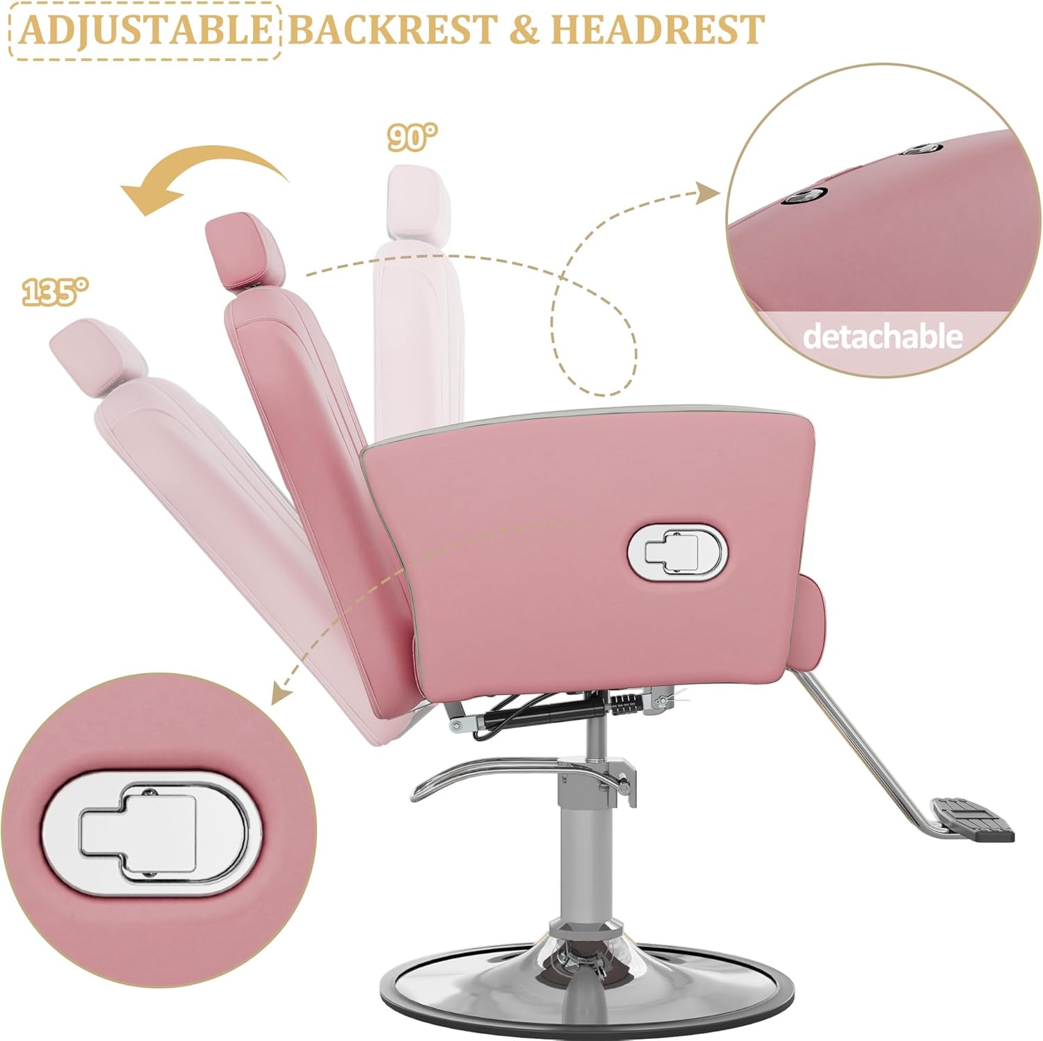 KIGOTY Salon Chair for Hair Stylist, Reclining Salon Chair with Hydraulic Pump,360 Degree Swivel Hair Stylist Chairs with Footrest and Adjustable Headrest for Barbershop (Pink-Silver)