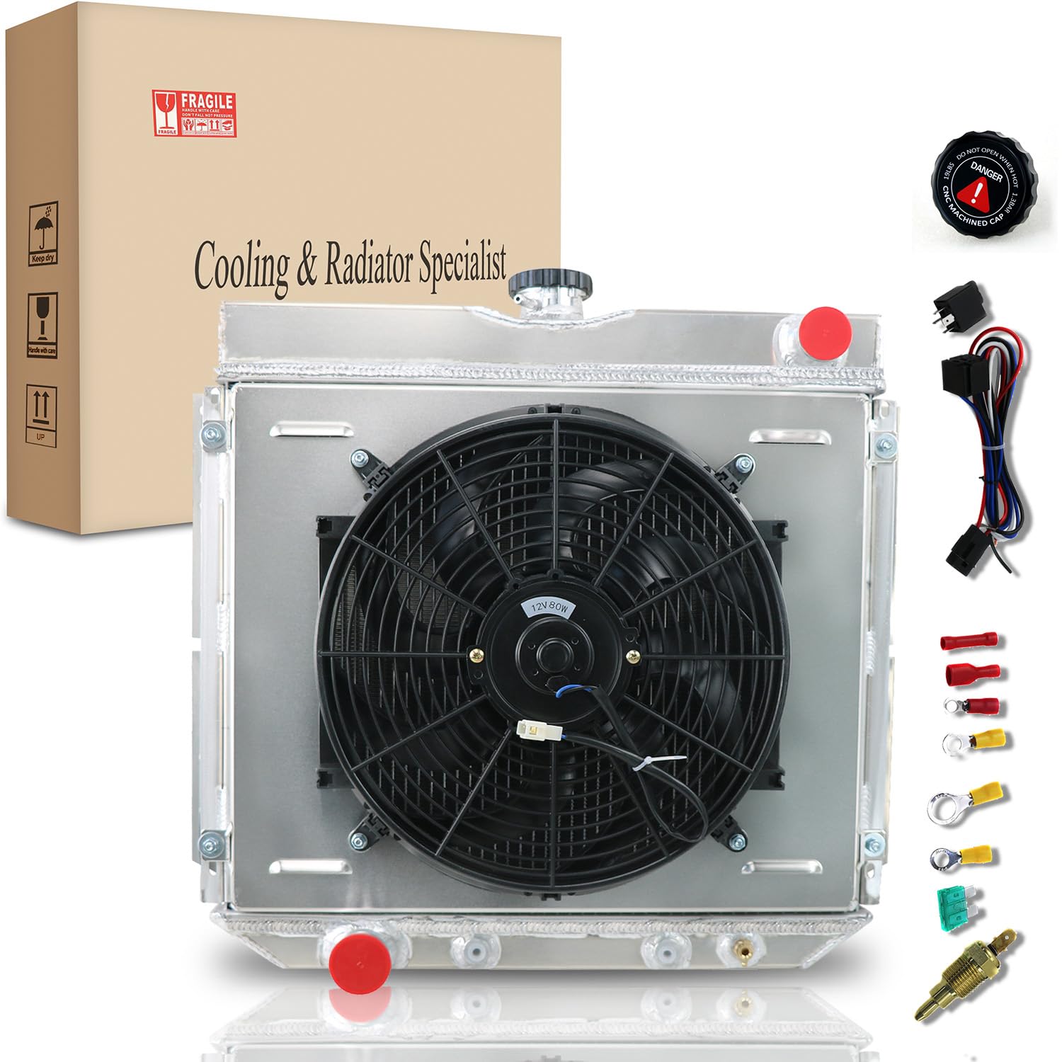 3 Row Core Radiator Compatible with 1969-1973 72 Ford Maverick Mercury Cougar V8 3 Row Radiators + Shroud Fan + Relay