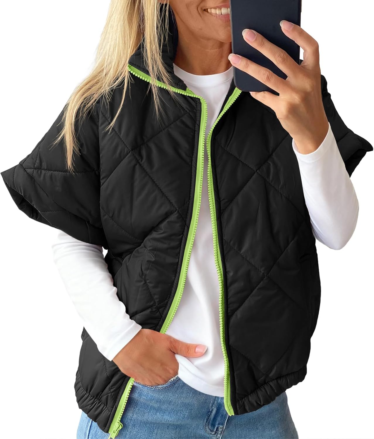 Tankaneo Womens Lightweight Puffer Vests Sleeveless Quilted Jackets Short Sleeve Zip Up Vest Oversized Warm Outerwear