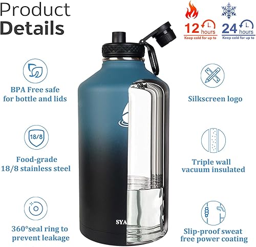 Miniatura 5 de Jarra de agua aislada de 1 galón, botella de agua de acero inoxidable aislada, tapa con popote y tapa para beber, botella de agua grande de acero