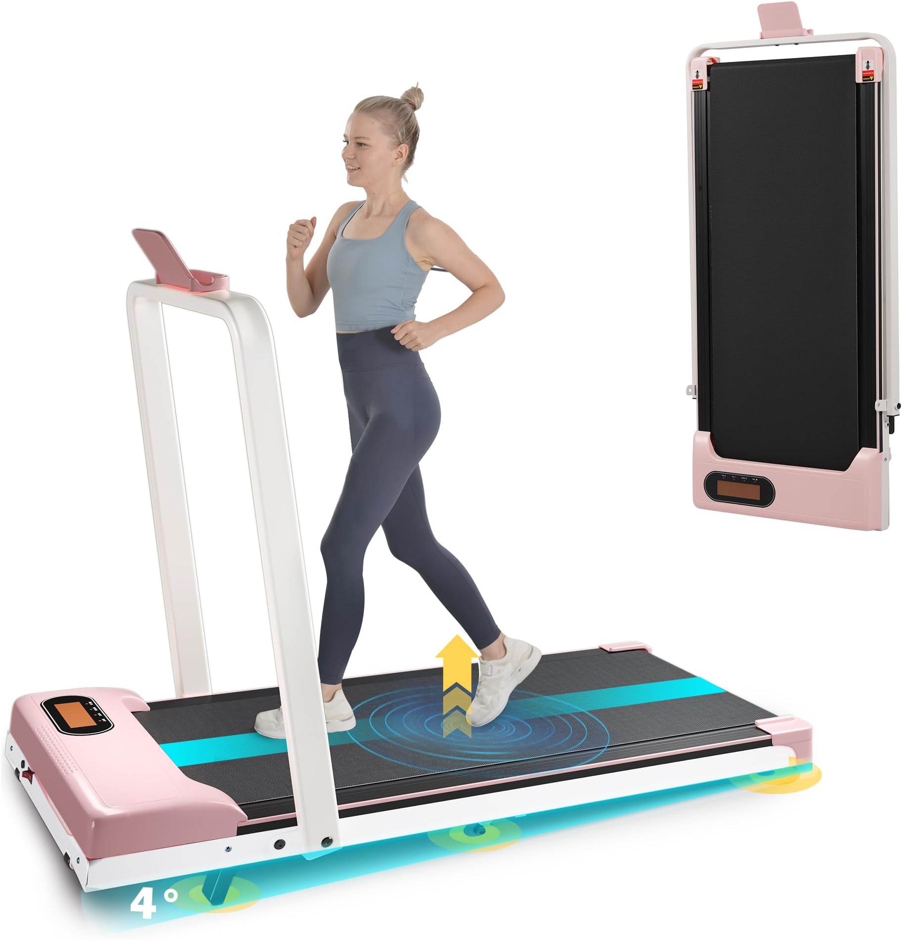 – Treadmills for Home Foldable with Handrail Adjustable Incline 2 in 1, 1-10 km/h Running Machine, Walking Pad with Incline LED Display Phone Holder Remote Control Transport Wheels Plug Pink