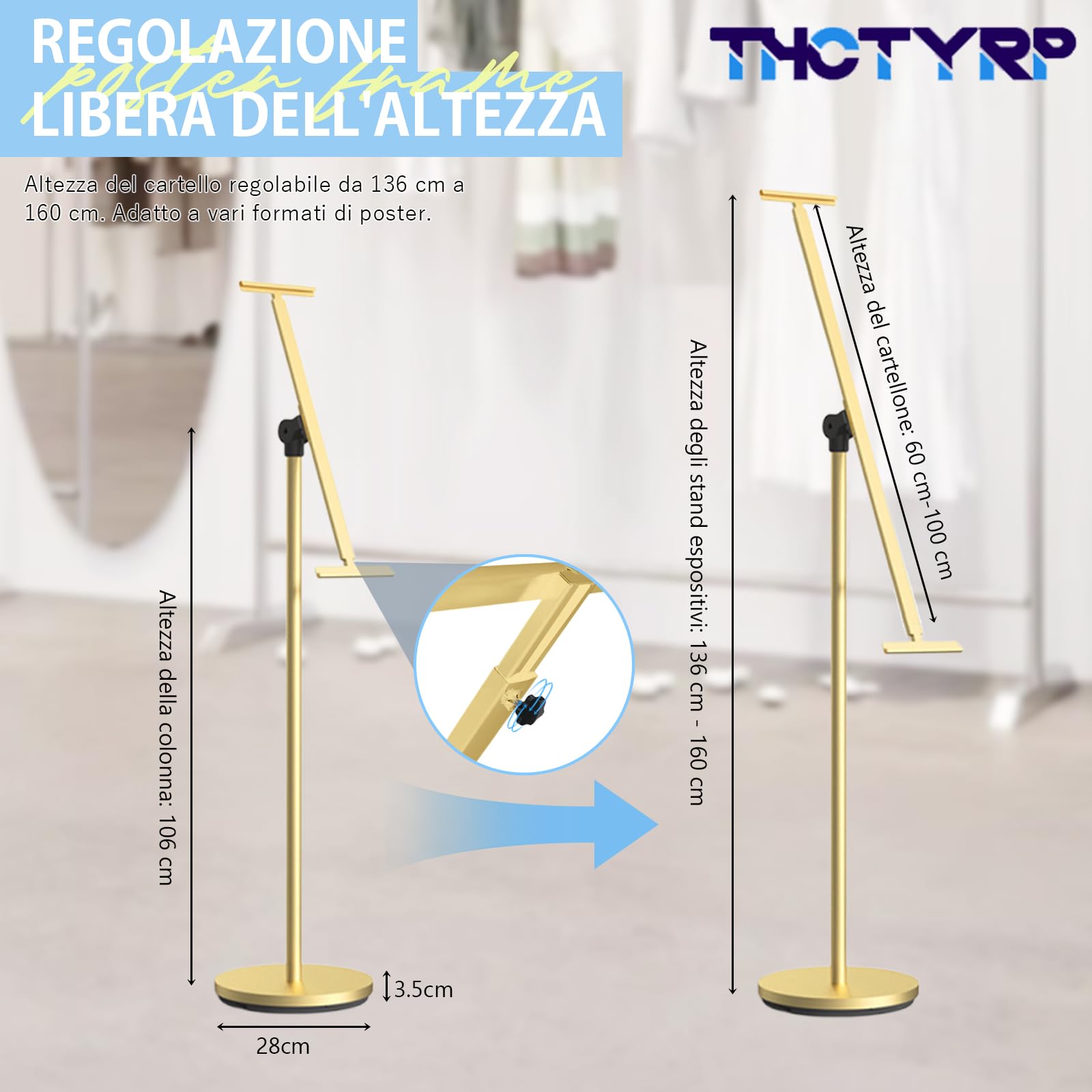 Cartello in piedi, supporto per cartelli per esterni, regolabile in altezza 60-100, altezza regolabile 100-190 cm, altezza del supporto 135-160, fondo rotondo Φ28 cm (oro)