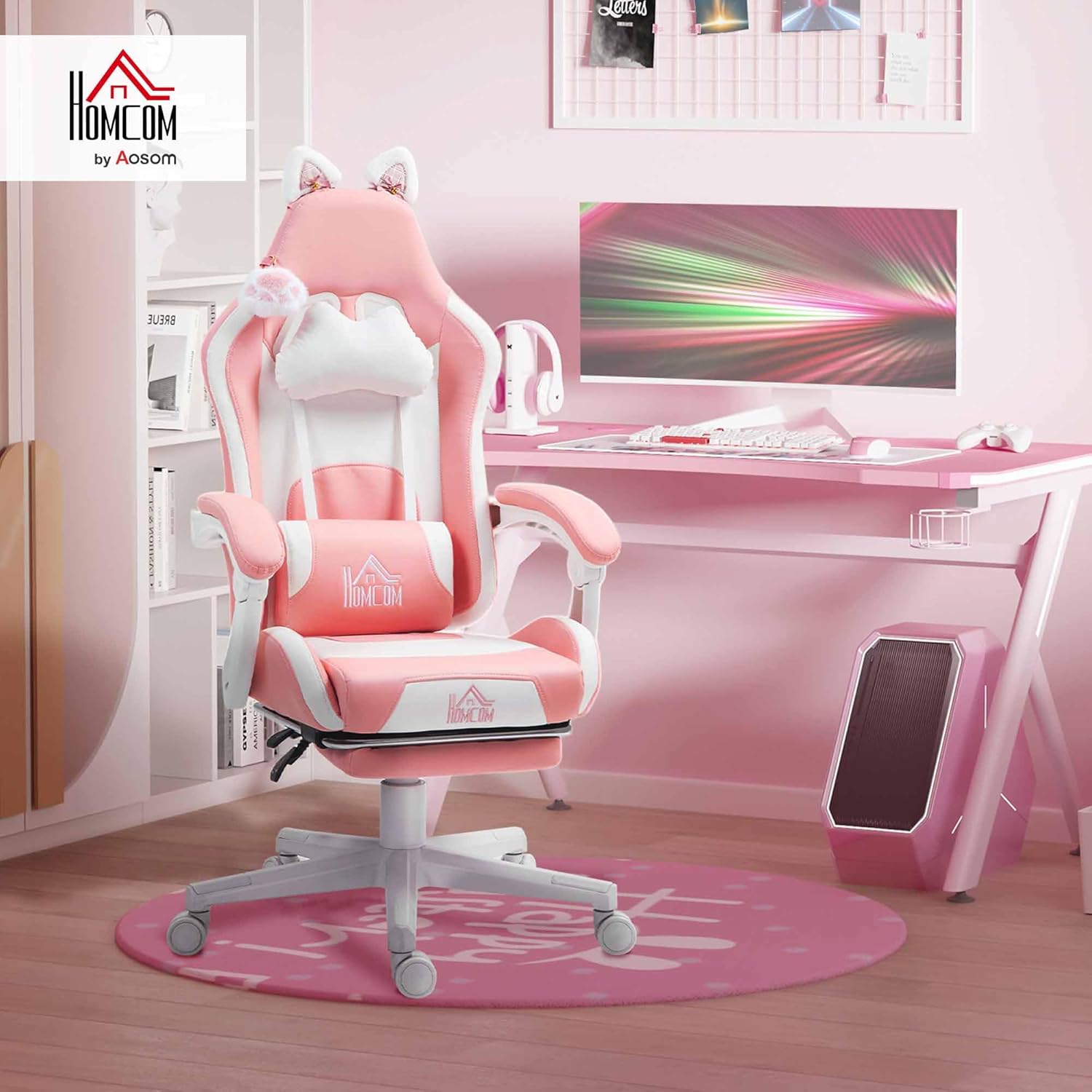 HOMCOM Racing Gaming Chair with Cat Ears, Reclining Faux Leather Computer Chair with Footrest, Lumbar Support and Headrest, Height Adjustable Gamer Chair with Swivel Seat and Wheels, Pink