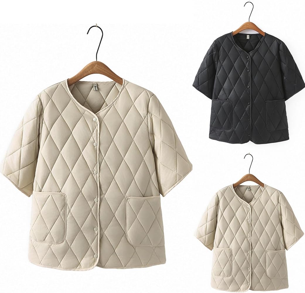 HGps8w Women's Short Sleeve Quilted Puffer Jacket - Button