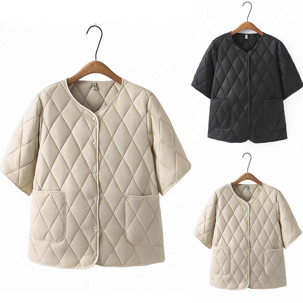 HGps8w Women's Short Sleeve Quilted Puffer Jacket - Button