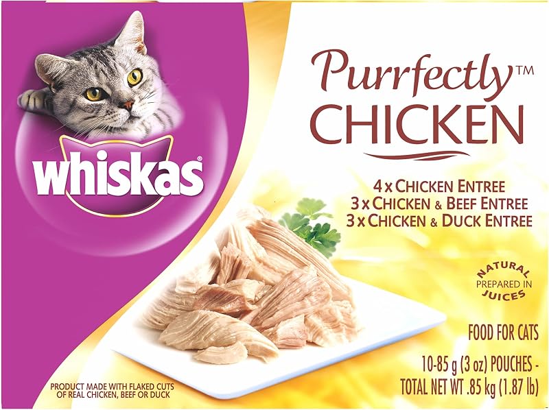 Ração úmida para gatos adultos Whiskas Purrfectly Chicken, sachês sortidos, pacote com 40