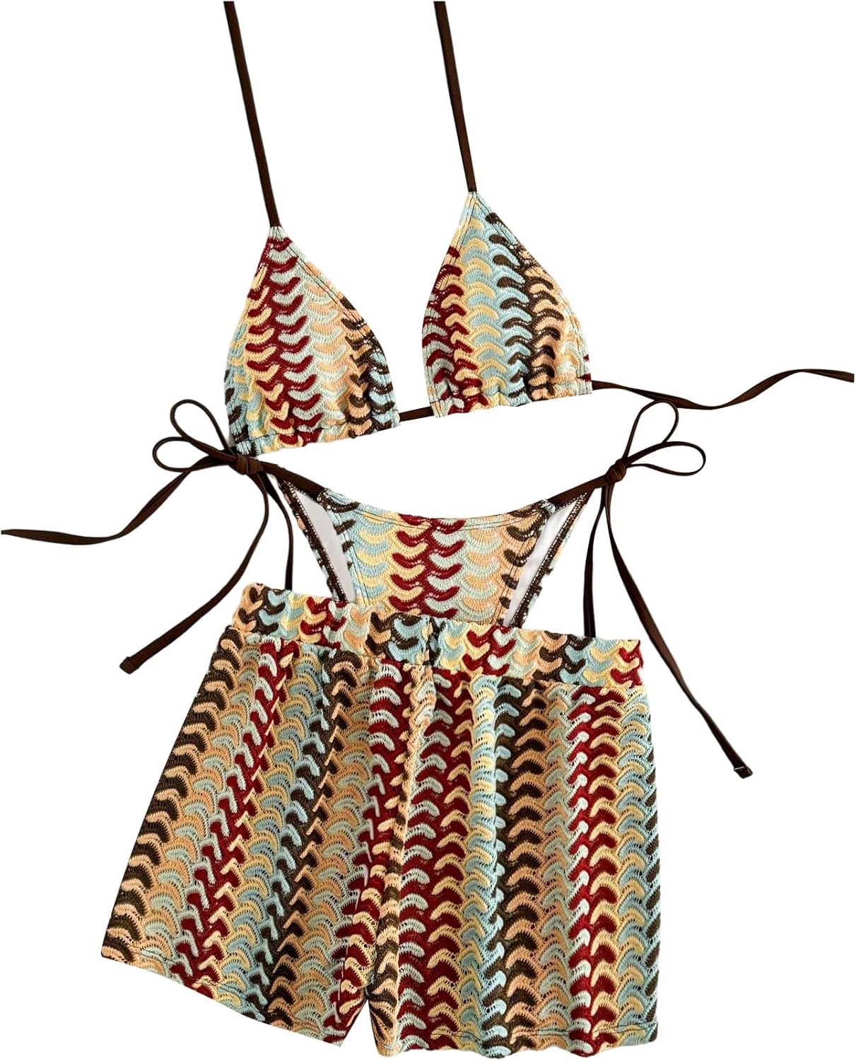 WDIRARA Women's 3 Piece Swimsuit Chevron Textured Triangle Bikini Set Shorts Coverups