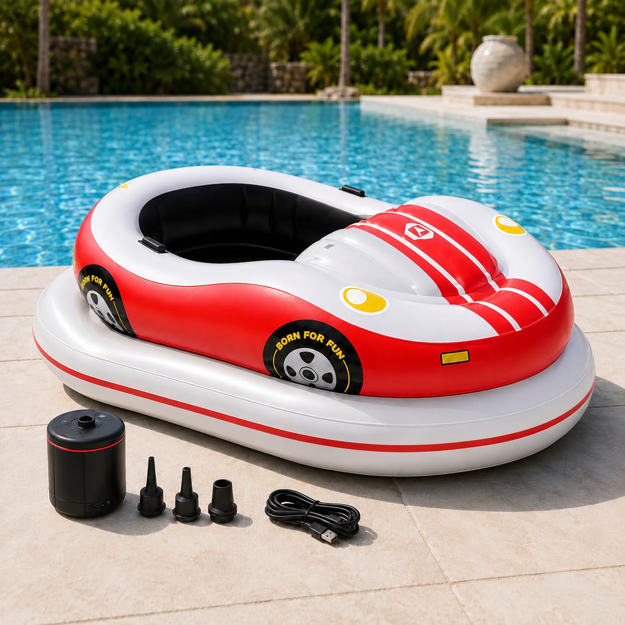Sunseota Red Inflatable Electric Bumper Boat For Adults, Rechargeable Motorized Pool Float With 360° Joystick, 3 Air Chambers, 120 Kg Capacity, Cordless Air Pump, For Pool And Calm Lake -1Battery