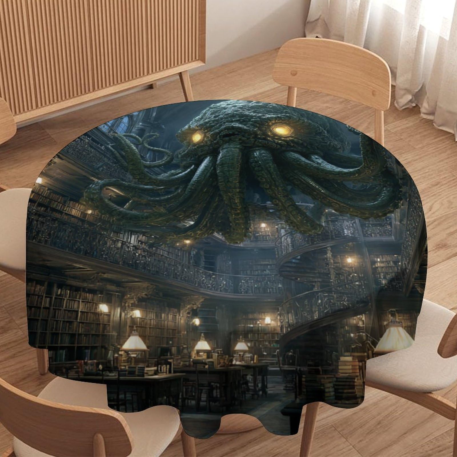 Luyysky Classic Rustic Sea Octopus Waterproof Round Tablecloth Horror Oil Painting Animal Octopus Library Bookshelf Washable Table Cover For Kitchen-177.8" Wx177.8 L Cm