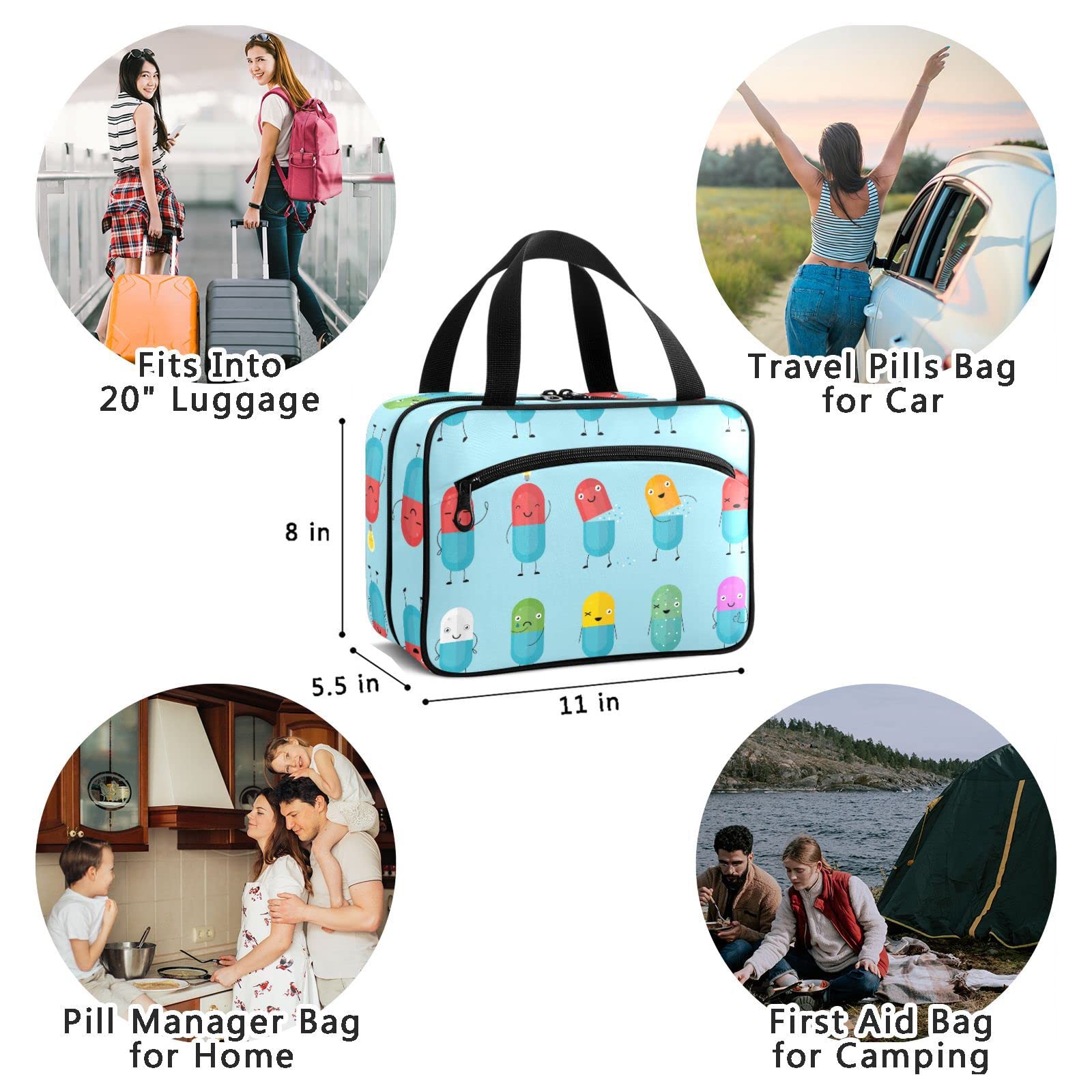 Naanle Pill Organizer Bag Travel Pill Bottle Medicine Organizer Home Storage Medication Bag for Vitamin Supplements, Happy Pills Empty First Aid Bag for Car Camping