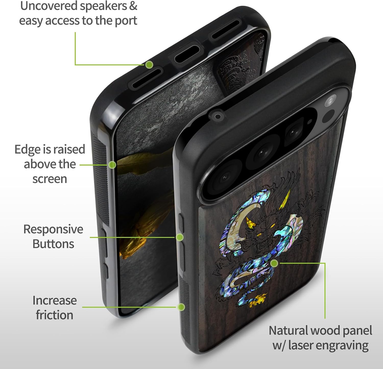 Carveit Magnetic Wooden Case for Pixel 10 / Pixel 10 Pro Case, Wood Artisan Engraved & Handmade Shell Inlaid, Compatible with MagSafe Wireless Chargers, The Oriental Dragon - Blackwood