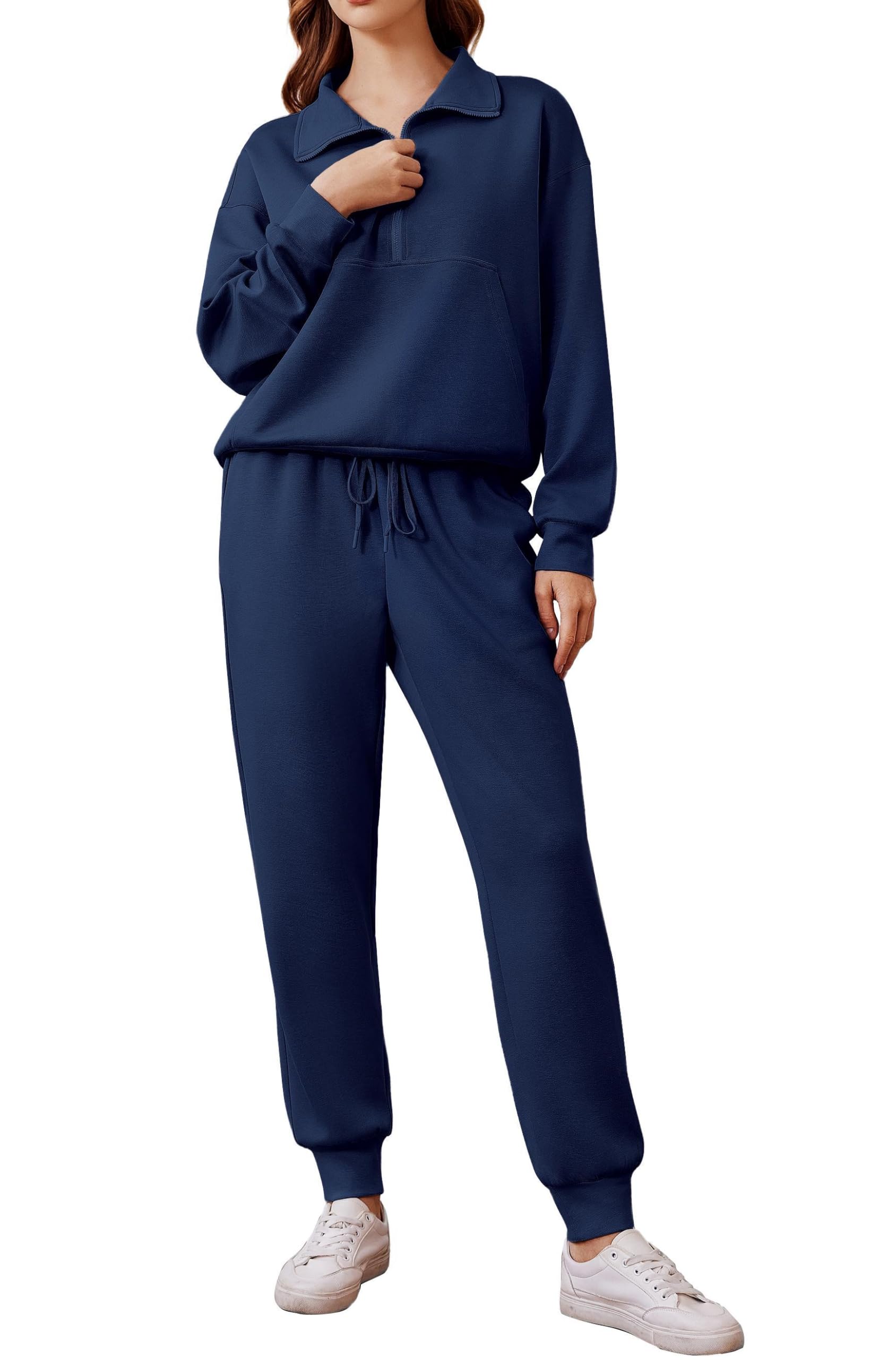 PINSPARK Conjunto de chándal para mujer chándal de dos piezas con media cremallera y manga larga traje de ocio chándal deportivo de color liso