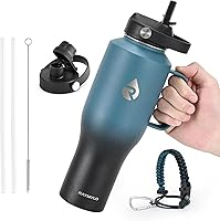 Vista 2 de RAYMYLO Botella de agua aislada de 128 onzas (índigo/negro) + vasos aislados con asa de 40 onzas (índigo/negro)
