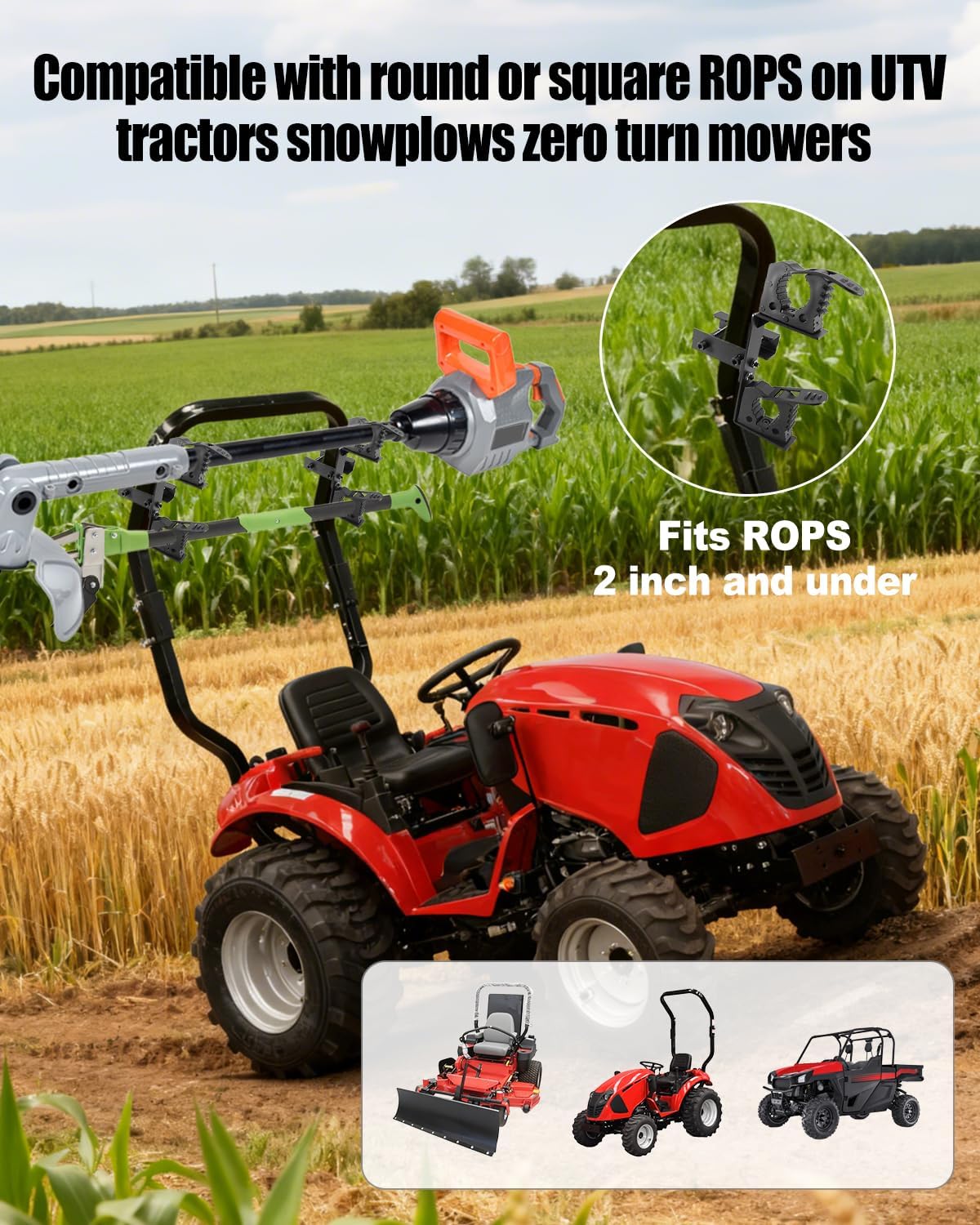 Tractor Tool Holder for ROPS, UTV Tool Rack for Weed Eater, Shovel, Compatible with Tractors Snowplows Zero Turn Mowers, Quick Release Adjustable Fits 2 Inch and Under, 2 Pack