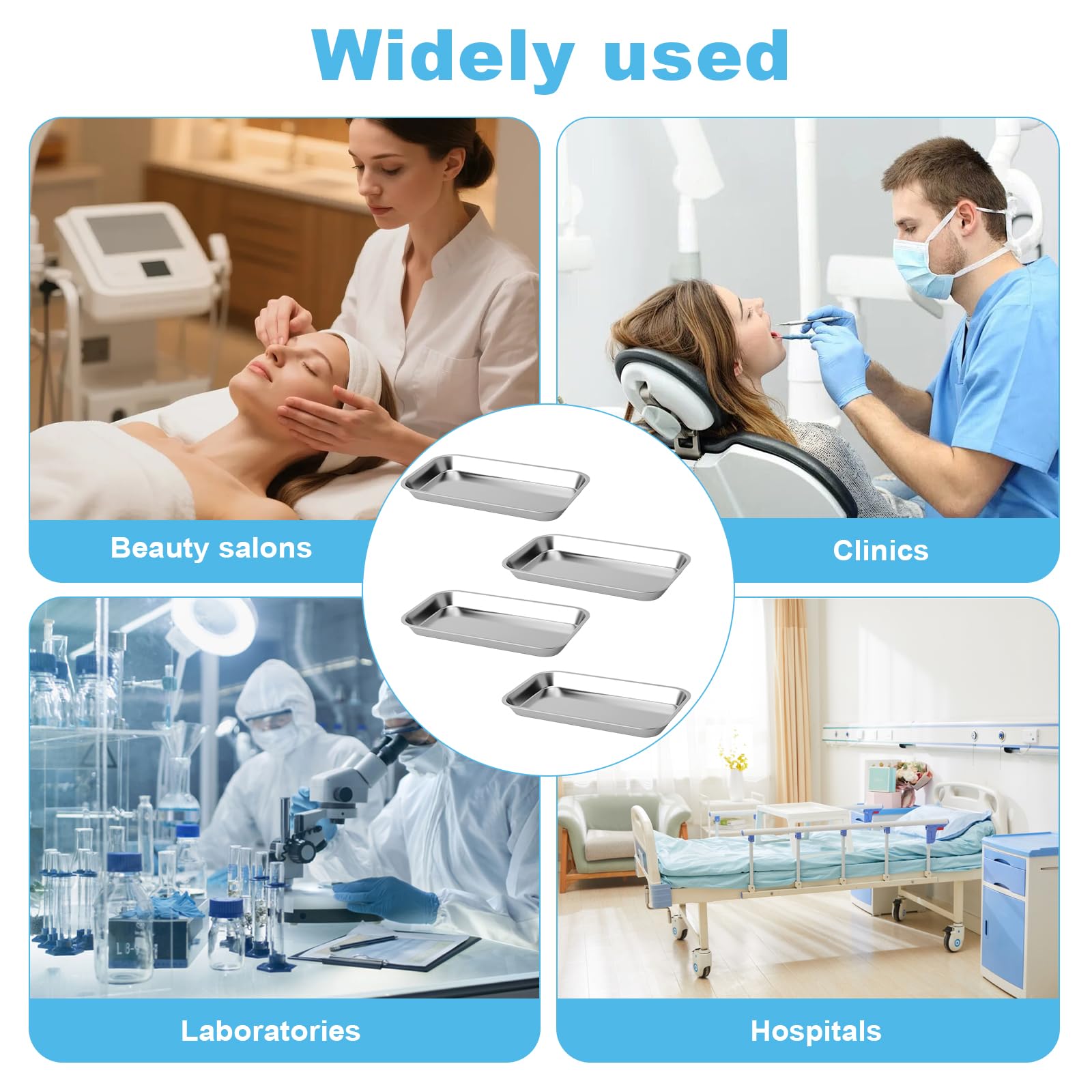 Bandeja de Acero Inoxidable Rectangular Set 4PCS para Laboratorio Clínica Dental