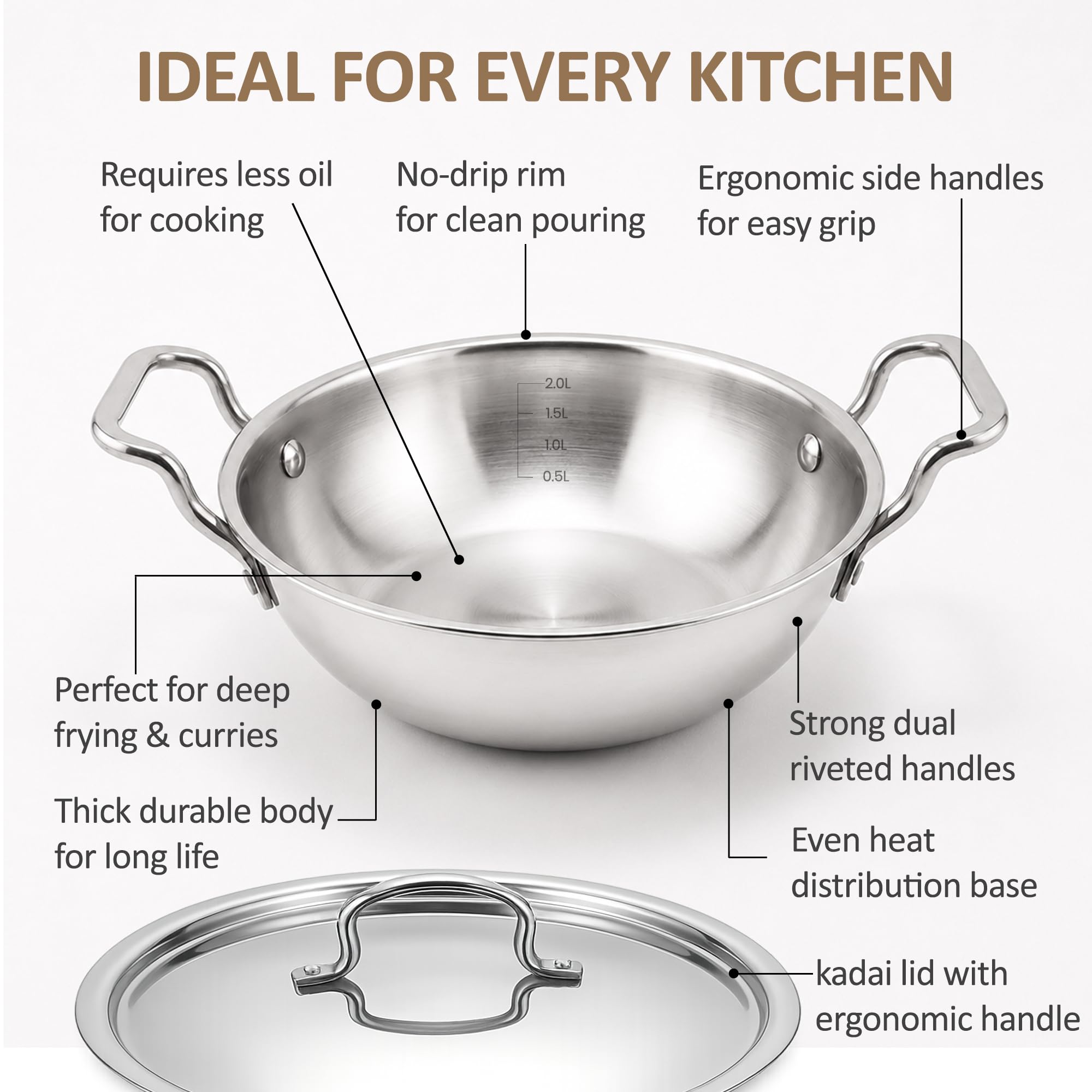 SOLARA Triply Stainless Steel Kadai with SS Lid 30 cm, Tri Ply SS Kadhai, Heavy Bottom Induction Base Cookware, Stainless Steel Cooking Pot for Frying, Sauteing, Curry — Amazon image 3