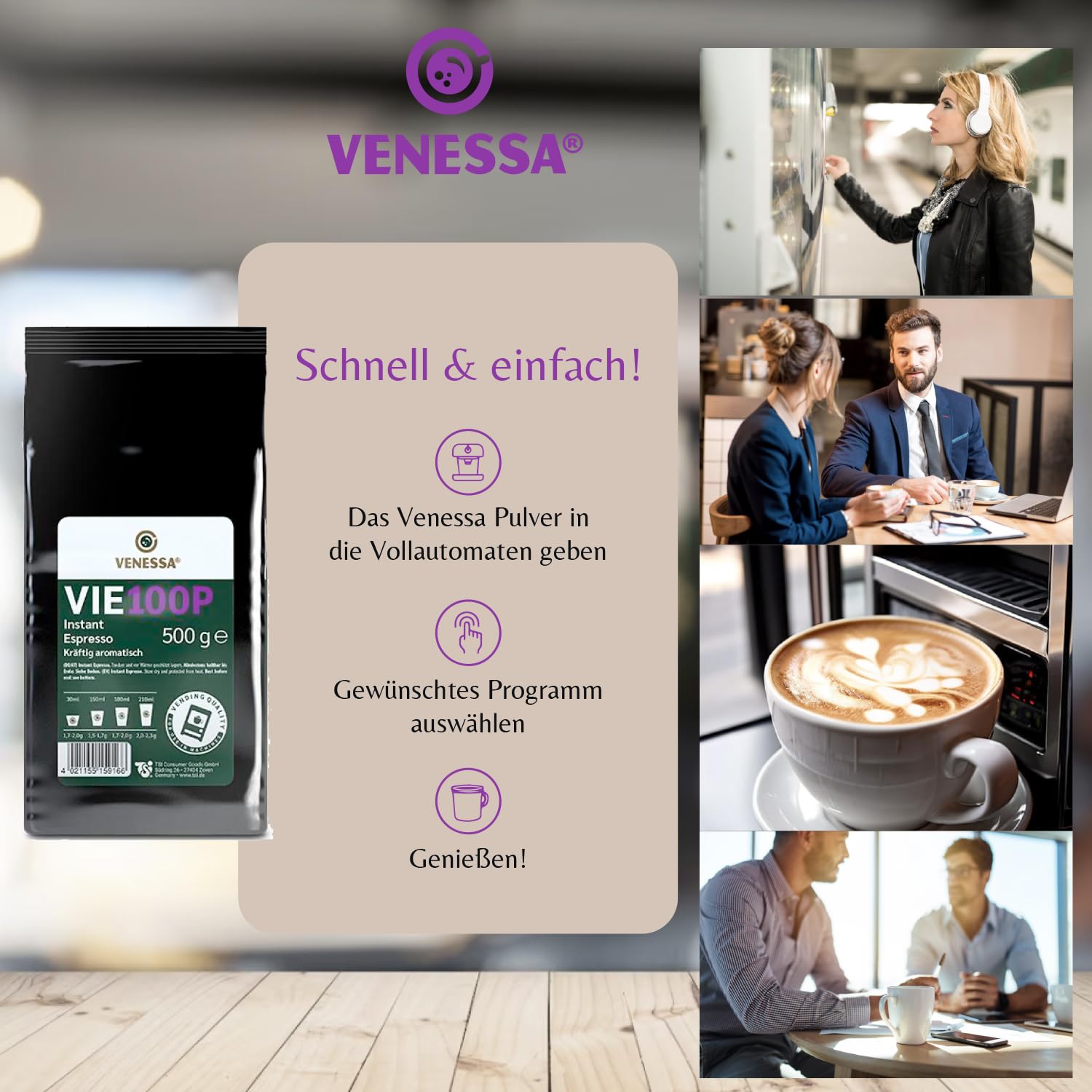 VENESSA VIE 100P Premium Instant Espresso 15 x 500 g delikatnie palone, silnie aromatyczne w smaku – do automatów Vending, gastronomii, firm