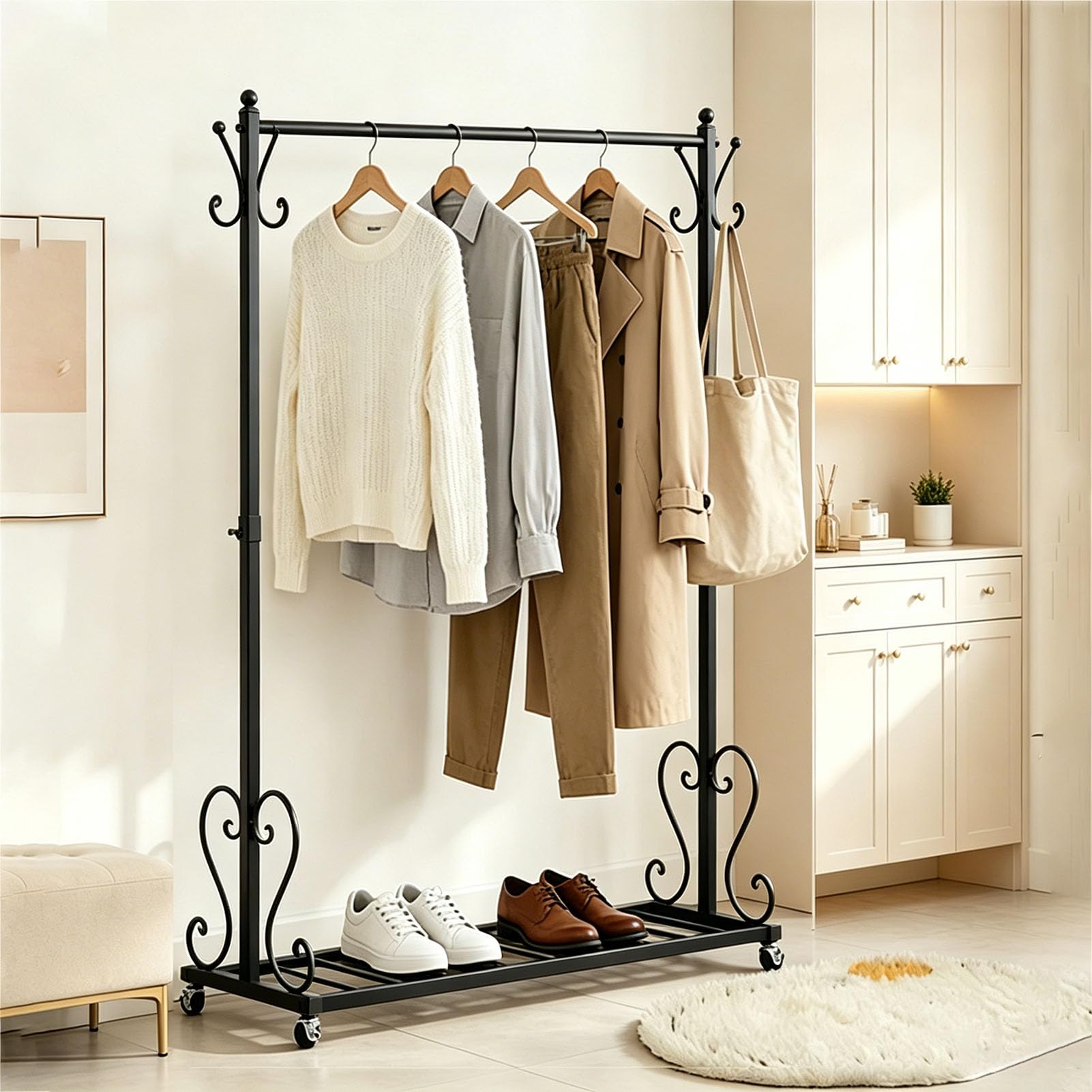 Kleiderständer aus Metall mit Rollen (Schwarz, 120x170cm) | Garderobenständer mit 8 Haken, Regal & 4 Bremsrollen – stabil, belastbar bis 65 kg, für Schlafzimmer, Boutique, Unteres