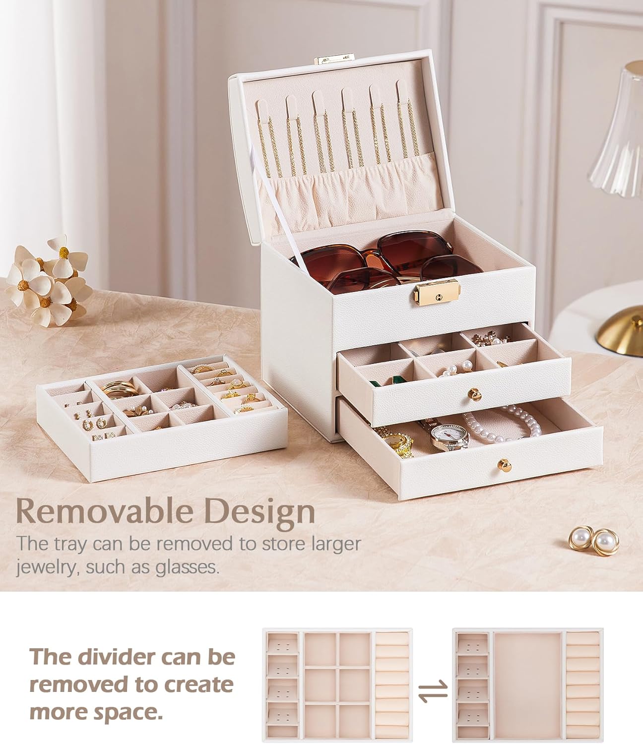 Homde Mothers Day Gifts Small Girls Jewelry Box with Lock: 3 Layer Organizer with Removable Tray - Storage for Ring Necklace Earring - Birthday & Return Gifts for Young Women (Cloud White)