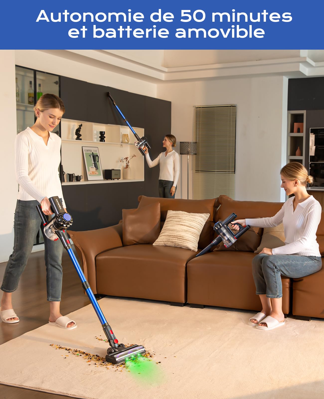 Aspirateur Balai sans Fil, 50Mins/40KPA Aspirateur sans Fil, Aspirateur Balai avec LED Verte, Aspirateur avec Brosse à Plancher Améliorée, pour Tapis, Sols Durs, Poils d'animaux,Bleu Foncé