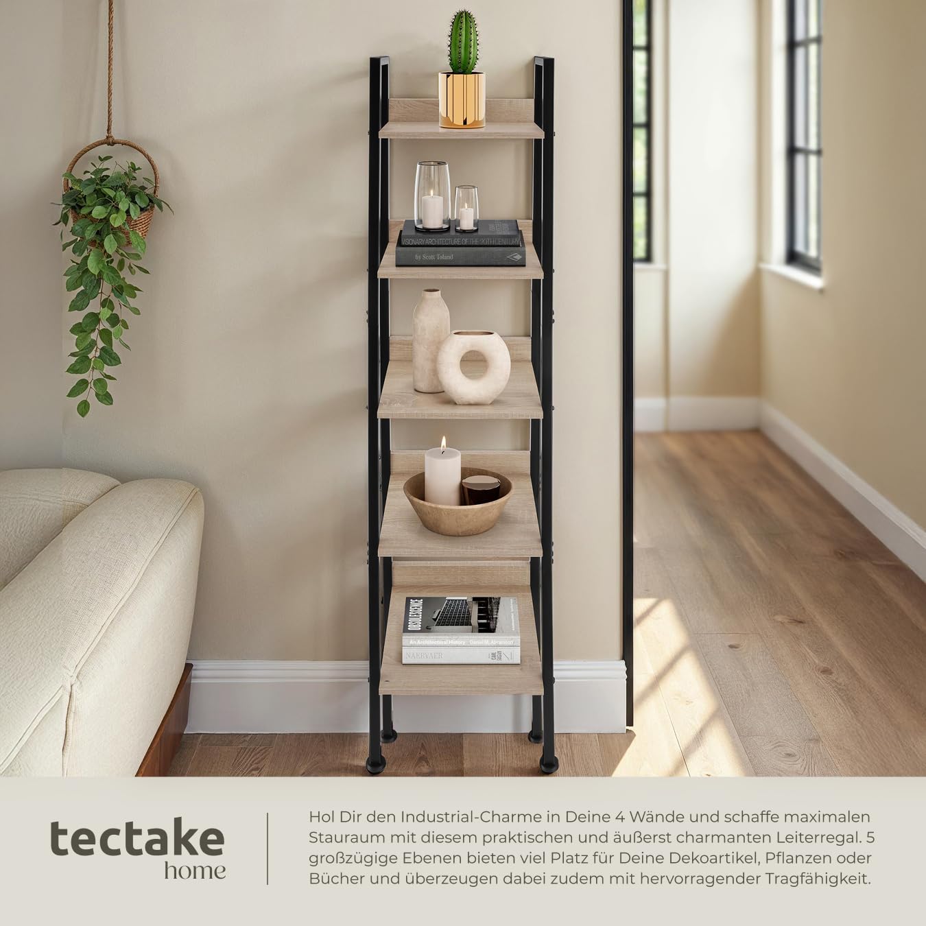 tectake® Leiterregal mit 4/5 Ebenen, schmales Regal, Standregal, Nischenregal, Möbel für Arbeitszimmer, Badezimmer Regal, Bücherregal Wand, 35,5 x 31,5 x 170,5 cm - Industrial Holz hell, Eiche Sonoma