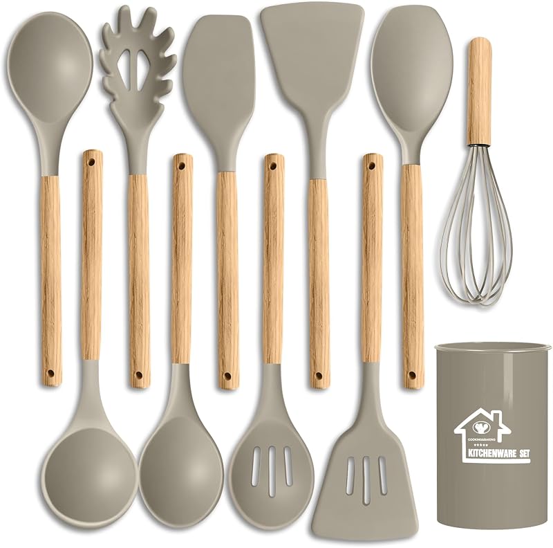 Juego de utensilios de cocina de silicona, juego de 10 utensilios de cocina, utensilios de cocina antiadherentes, utensilios de cocina resistentes al calor de 446 °F, herramientas de cuchara, cepillo, batidor, espátula, pinzas giratorias (Caqui)